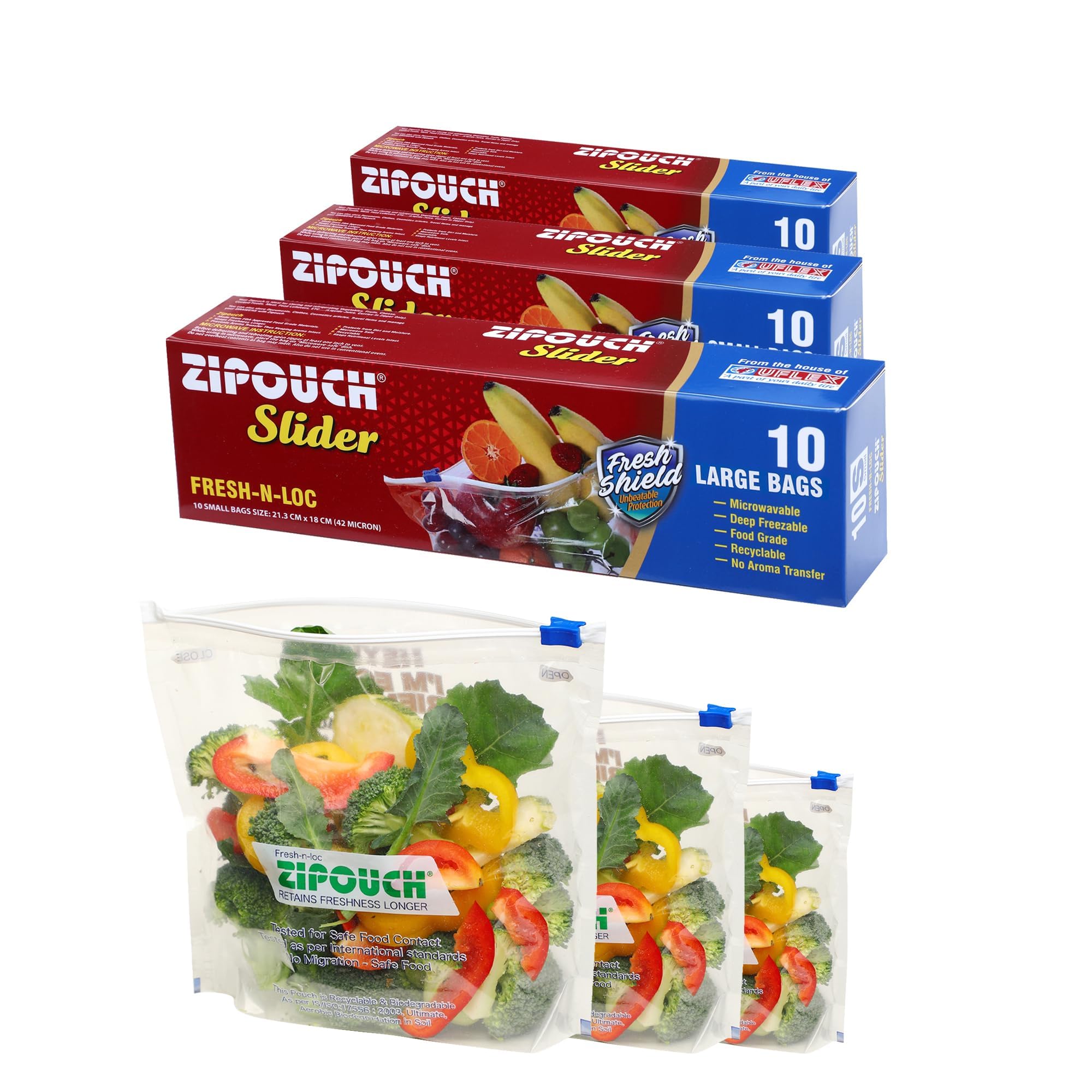 Zip Lock Bag with Slider | Combo Pack S, M & L (10 Bags Each, 30 Total) | Ziplock Bags for Fridge Storage & Travel Packing | Freezer Safe Zipper Pouch for Food, Vegetables & Kitchen-image-48