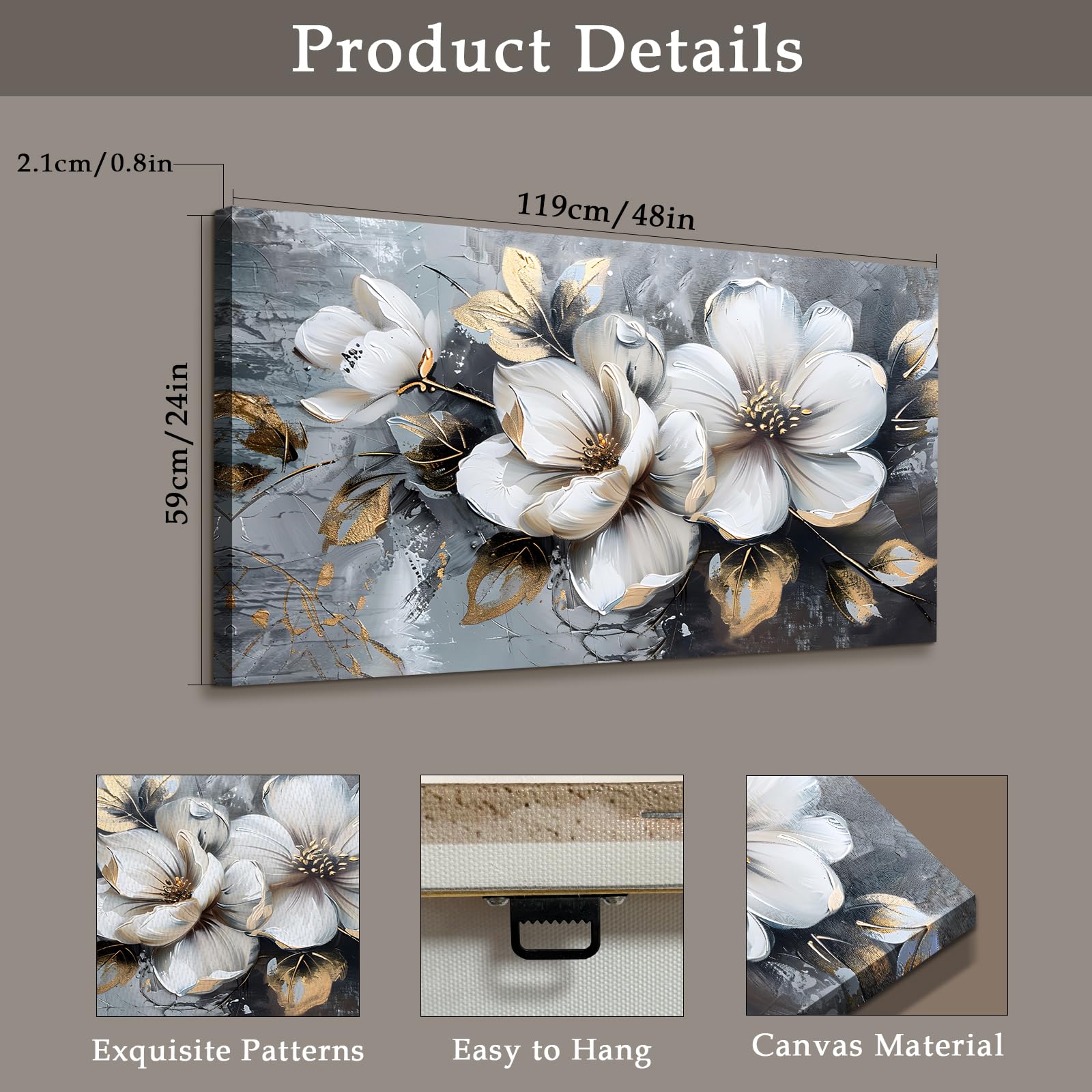 JHHUAMO Leinwand Bilder Groß, Modernes Wohnzimmerbilder, Weißer Blumen Ölgemälde, Wanddekoration Ästhetisches für Schlafzimmer Büro Treppe Esszimmer Arbeitszimmer Flur 59x119 cm