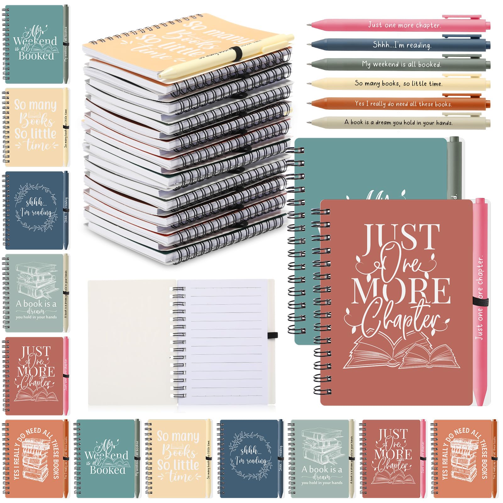 Thenshop Lot de 30 carnets à spirale inspirants pour les amateurs de livres - Cadeau de Noël - Journal de lecture pour lecteur, étudiant, enseignant, jour des bibliothécaires (couleur vive)