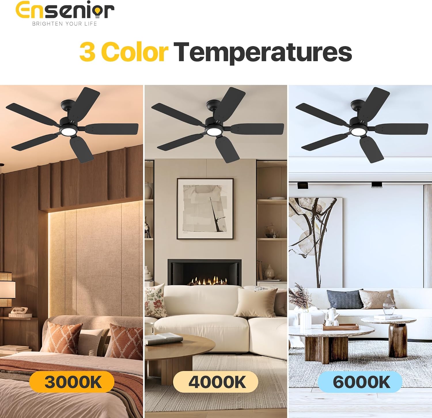 Ensenior 52 inch ceiling fan with light and remote, Noiseless Reversible DC Motor Fandelier Ceiling Fan, 6 Speeds, 3CCT, Black Modern Ceiling Fan for Bedroom and Living Room, 5 Dual-Finish Blades