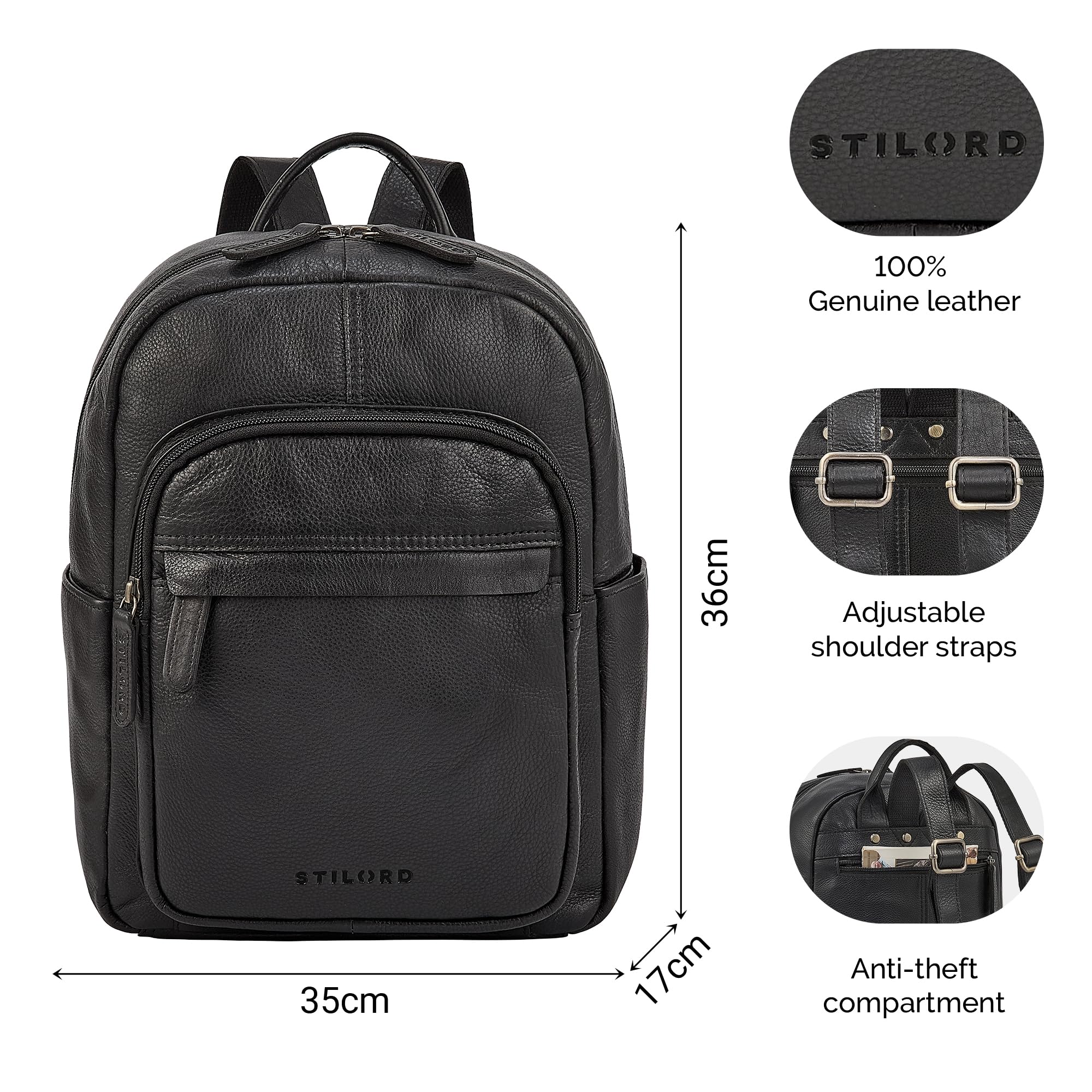 STILORD "Dolores Zaino Donna Pelle Piccolo 13 Pollici – Zainetto Elegante Vera Pelle Vintage Daypack Zaino Antifurto Cuoio Autentico per Viaggio e Quotidiano Colore:nero