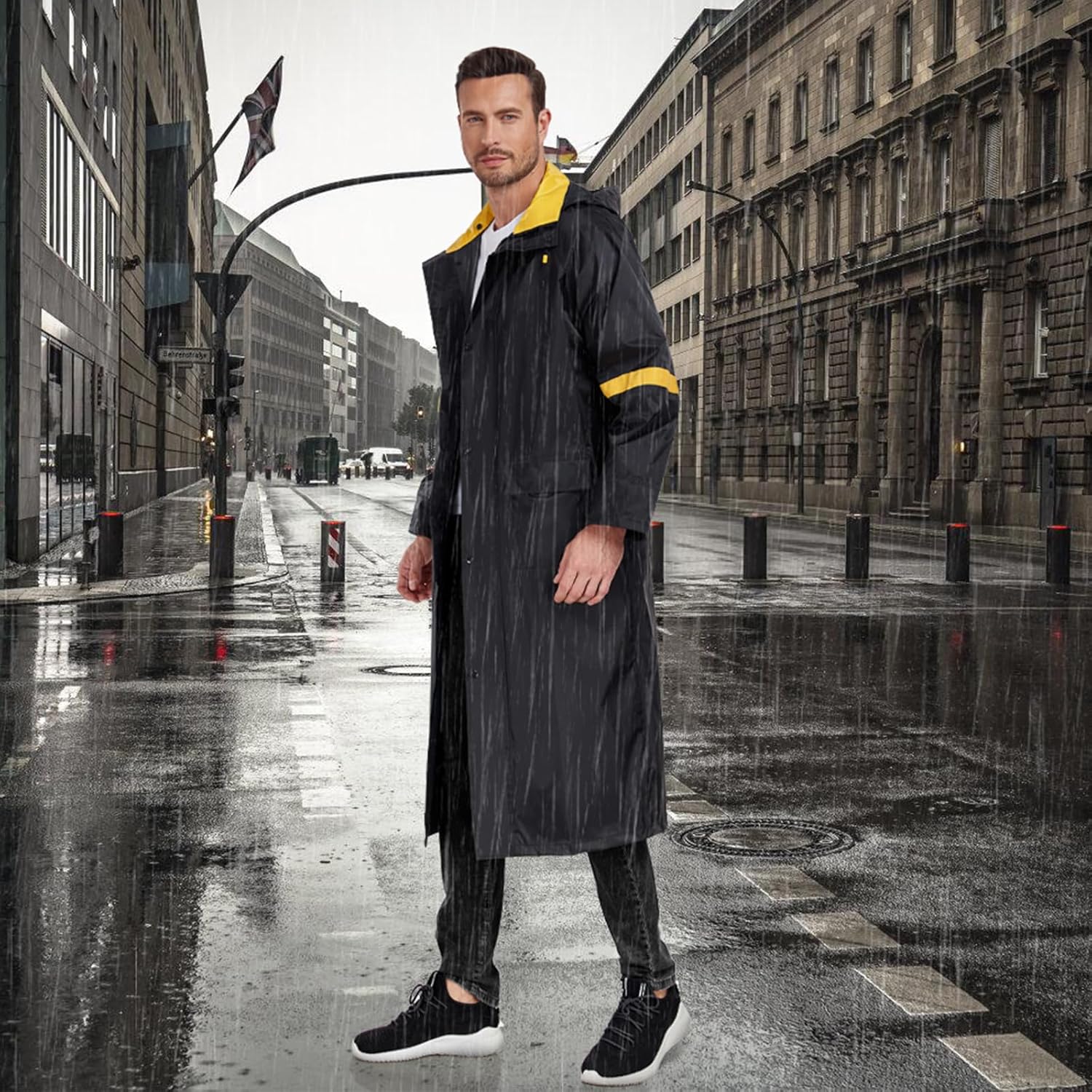 Ourcan Classic Long Raincoat for Men Waterproof Hooded Rain Jacket Poncho Breathable Lightweight Rainwear for Work Fishing - Image 5