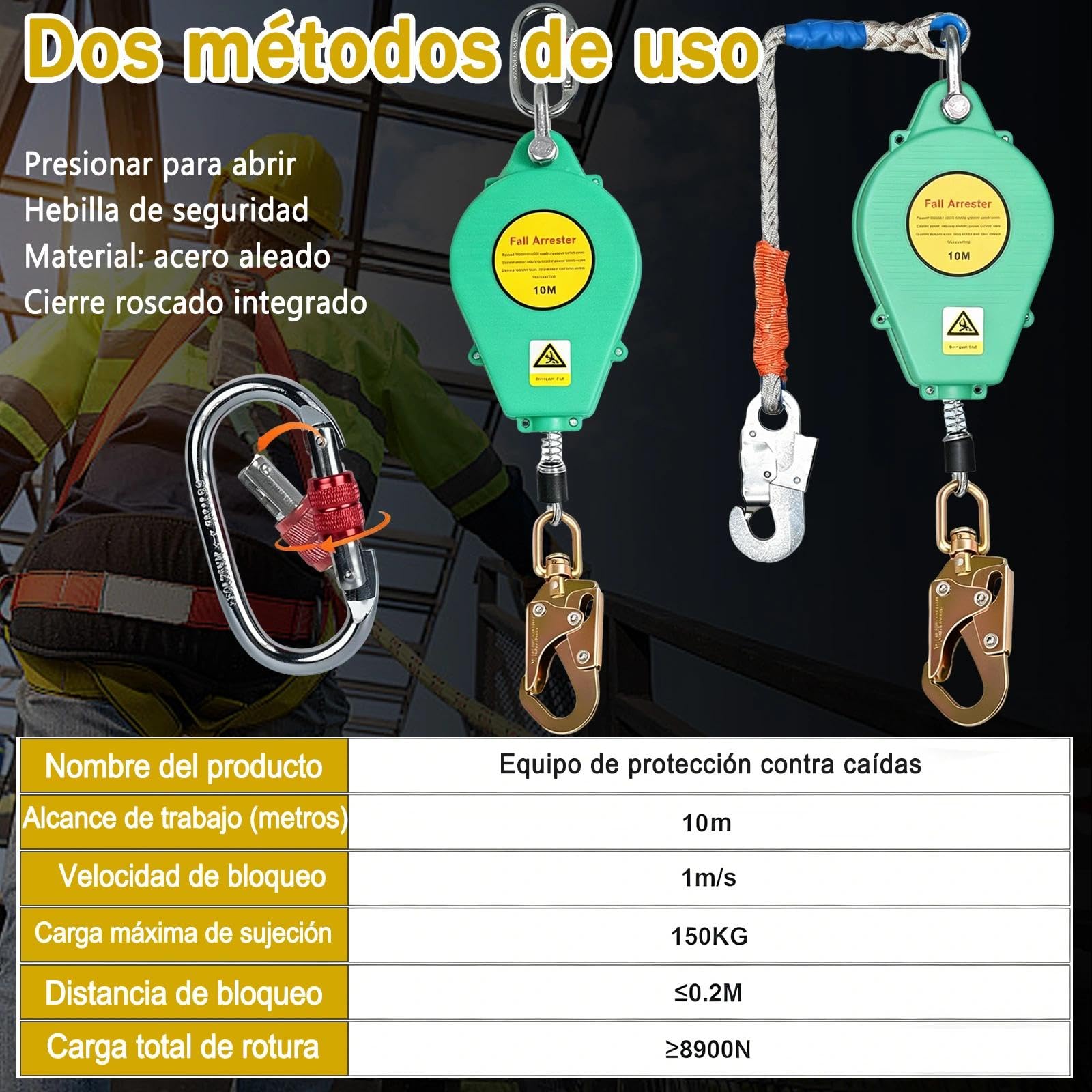 Arnes Linea de Vida Retráctil Tejado, 10m Dispositivo Anticaidas Retráctil Seguridad para Trabajos en Altura, Arnés de Seguridad Anticaídas Retráctil con Gancio Autobloccante(Verde,10m)