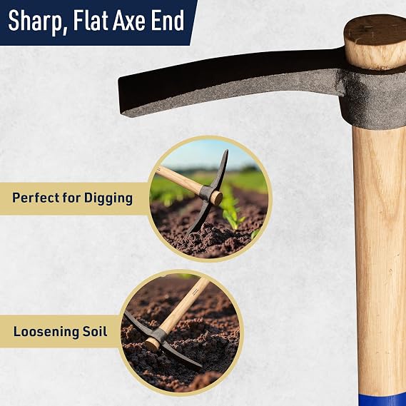 16 Hand Pick Axe - Forged Steel Pickaxe for Digging, Loosening Soil, or Weeding Tool - Dual Headed Adze Garden Hoe and Pick Mattock Digging Tool with Wood Handle by Kings County Tools