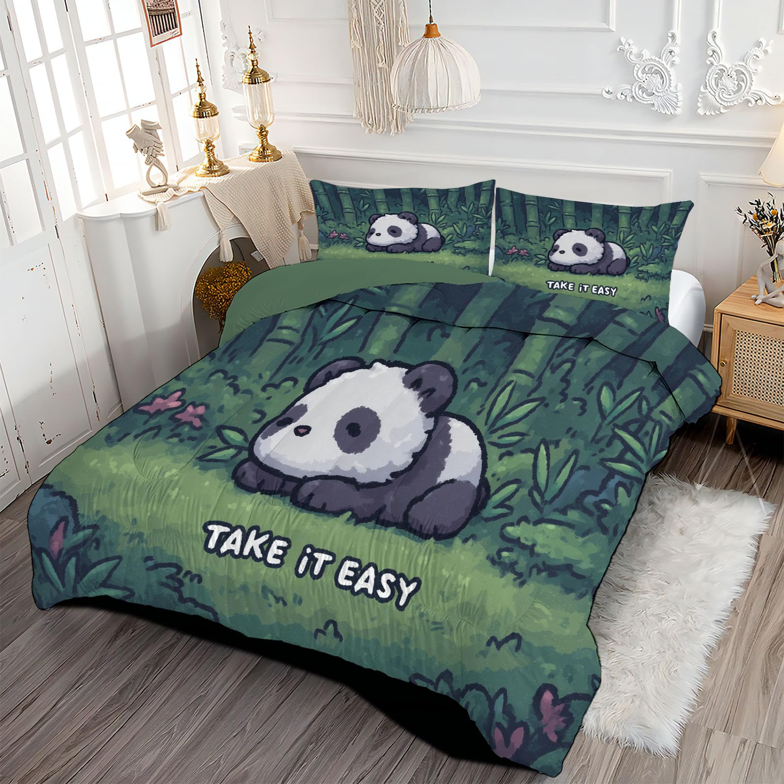 Trapunta Letto Singolo 4 Stagioni Piumone per Bambini, Divertente Panda Leggero Acquerello Animali Set di Biancheria da Letto 140x200cm con 1 Federe,Piumino Lavabile In Lavatrice