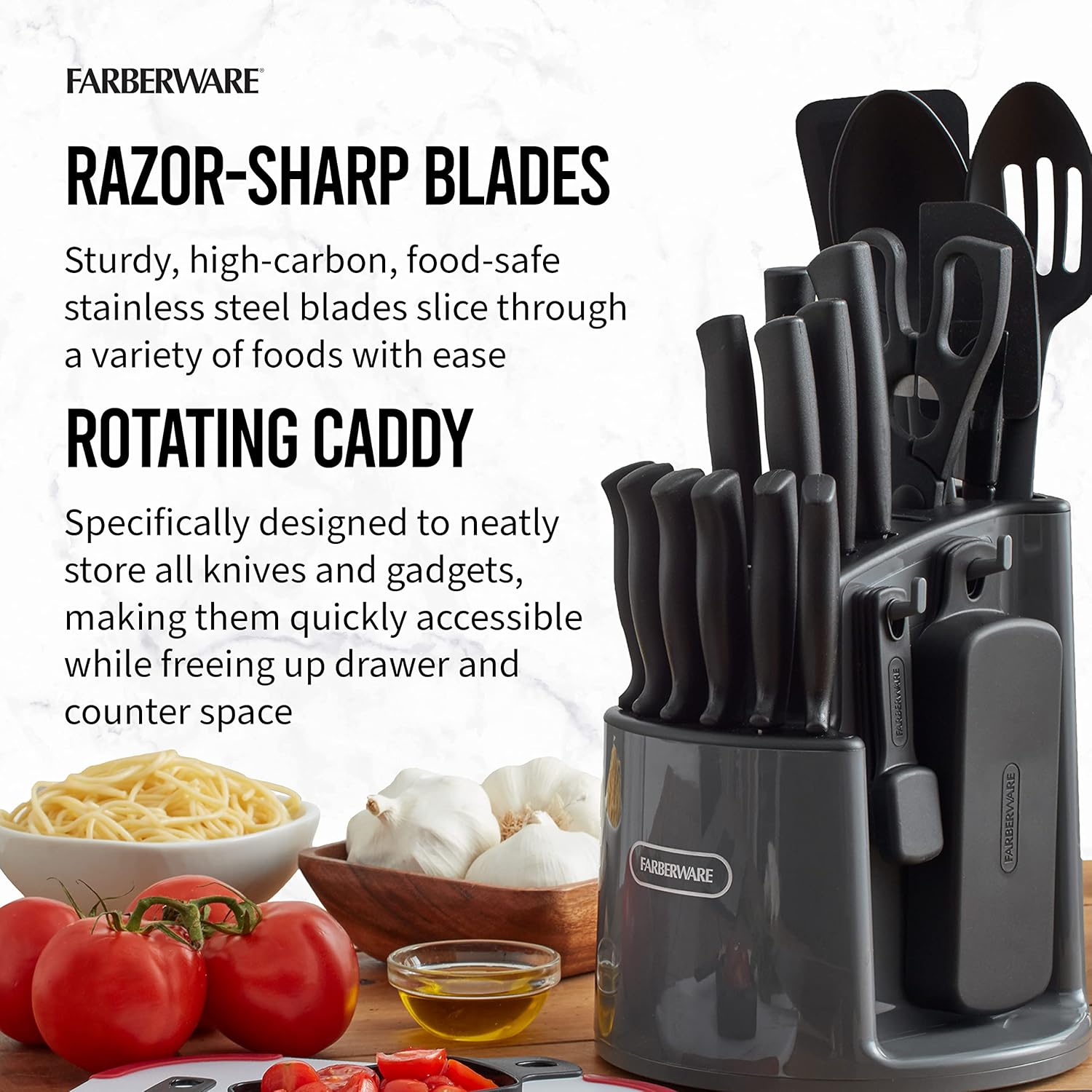 Farberware 30-Piece Spin-and-Store Knife and Kitchen Tool Set with Rotating Storage Caddy, High Carbon-Stainless Steel Kitchen Knives, Razor-Sharp Knife Set, Black
