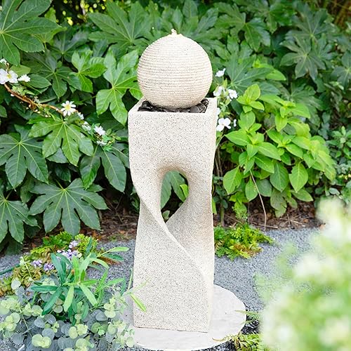 Miniatura 19 de Glitzhome Fuente de agua de cerámica para exteriores con luz LED, fuentes de agua de pedestal de alcachofa de gran tamaño con bomba sumergible