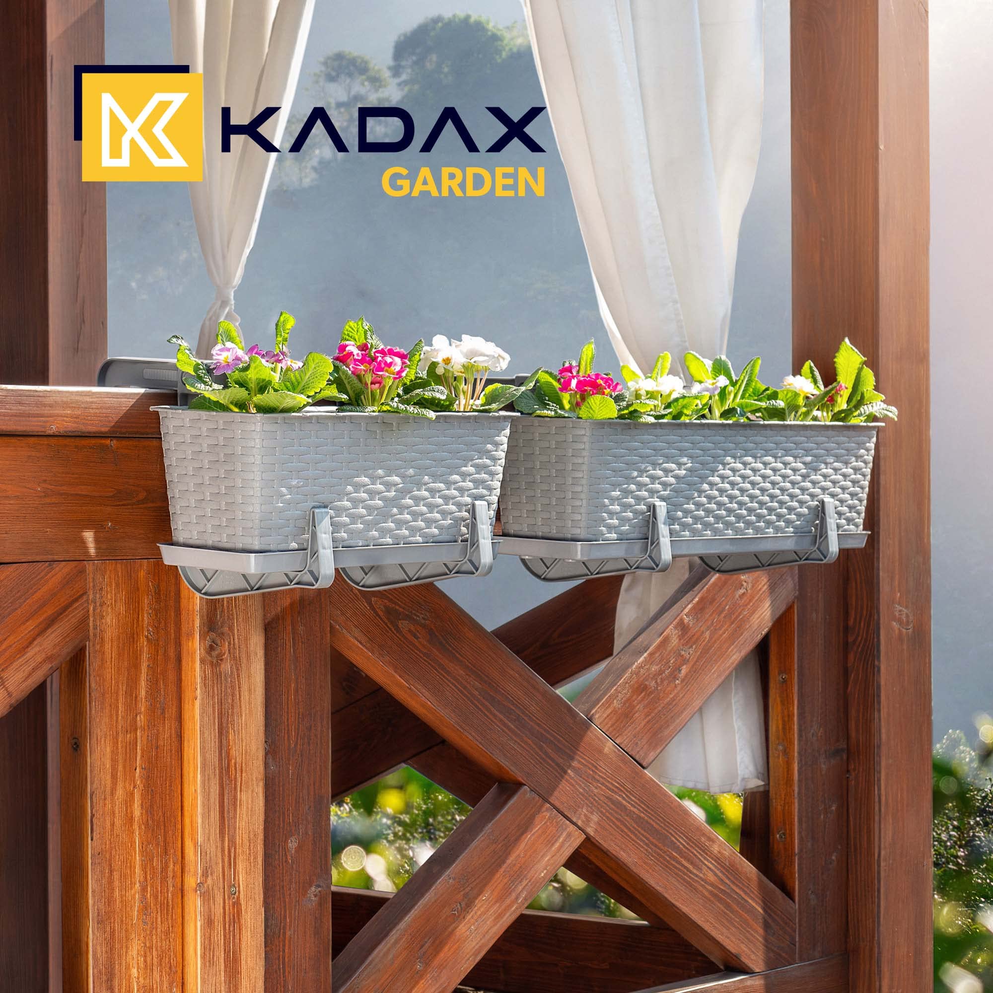 KADAX Macetas de Plástico Imitación Ratán, Maceteros Rectangulares con Platillos y Soportes para Exterior, Jardineras Colgantes (3: Gris, 60 cm, Aprox. 36L)