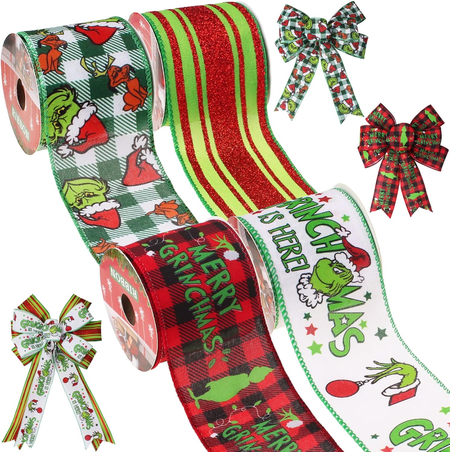 Christmas Ribbon Wired 2 1/2”x 20Yards(4 Roll x 5 Yards),Christmas