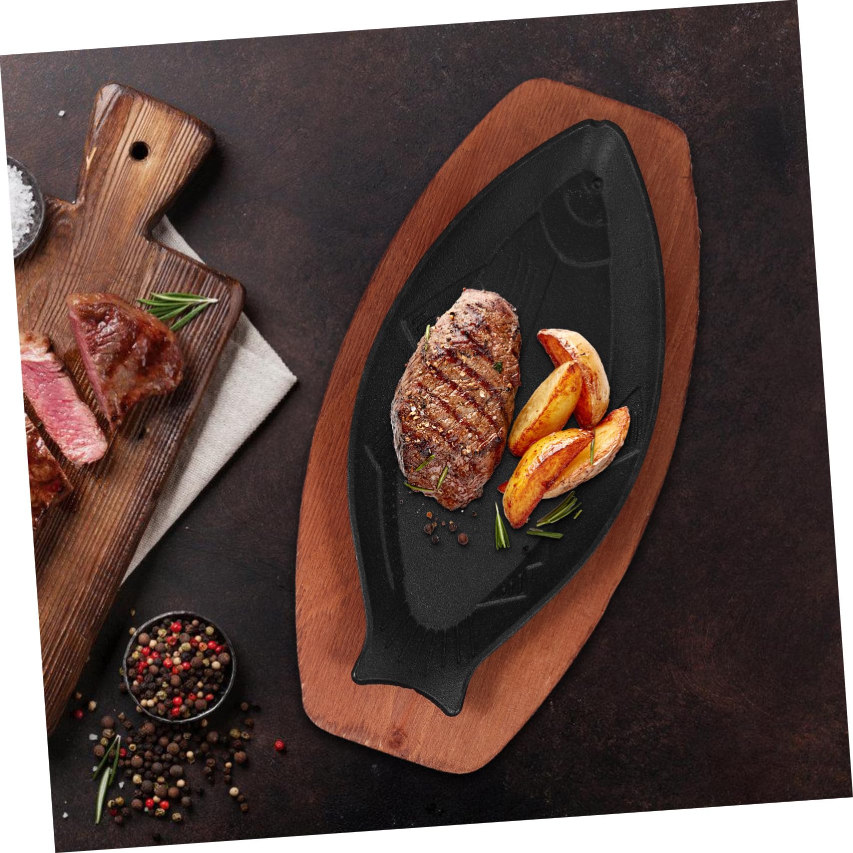 PRETYZOOM Bandeja para Asar Forma Pescado 33,5x16,5x2,5 Cm Hierro Fundido Sartén Antiadherente para Barbacoa Hogar Base de Madera Segura
