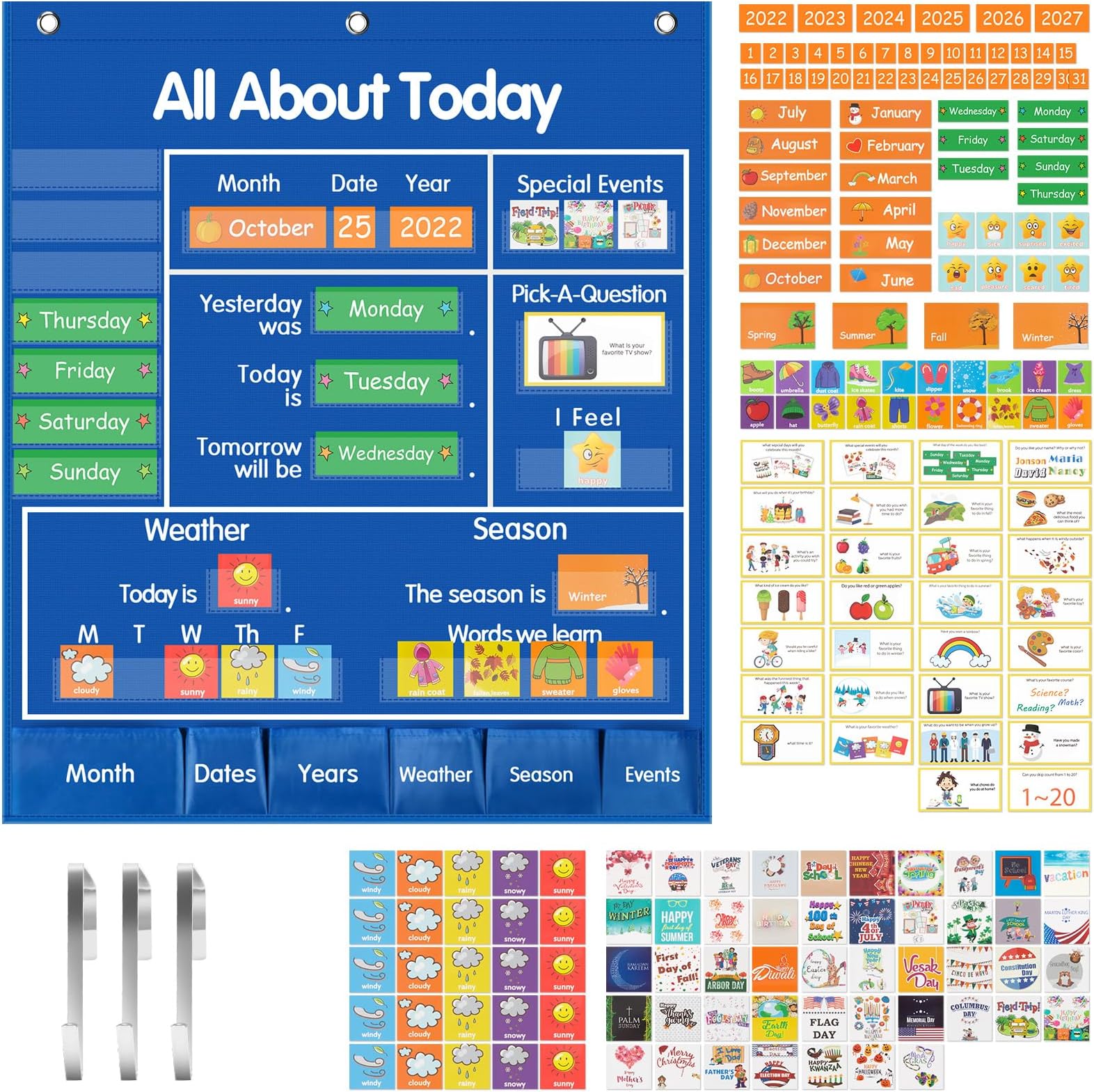 All About Today Circle Time Learning Center Pocket Chart, Teaching Pocket Chart Preschool Calendar Educational Pocket Chart Learning Shape Color Weather Classroom Pocket Chart