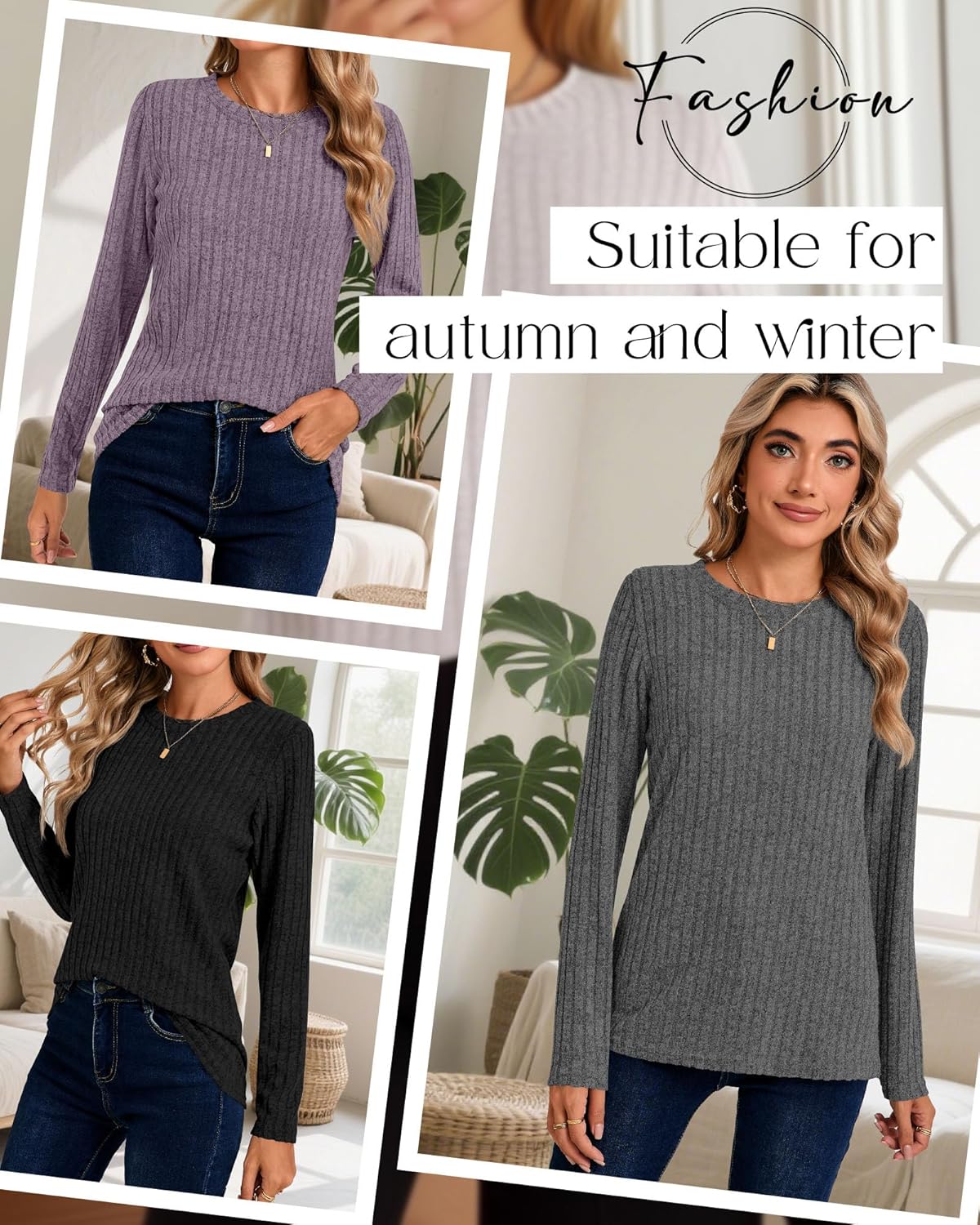 Huukeay 3 Pack Women's Long Sleeve Sweaters, Lightweight Crew Neck Shirts Regular Fit Tunic Tops Casual Solid Color Pullover - Image 5