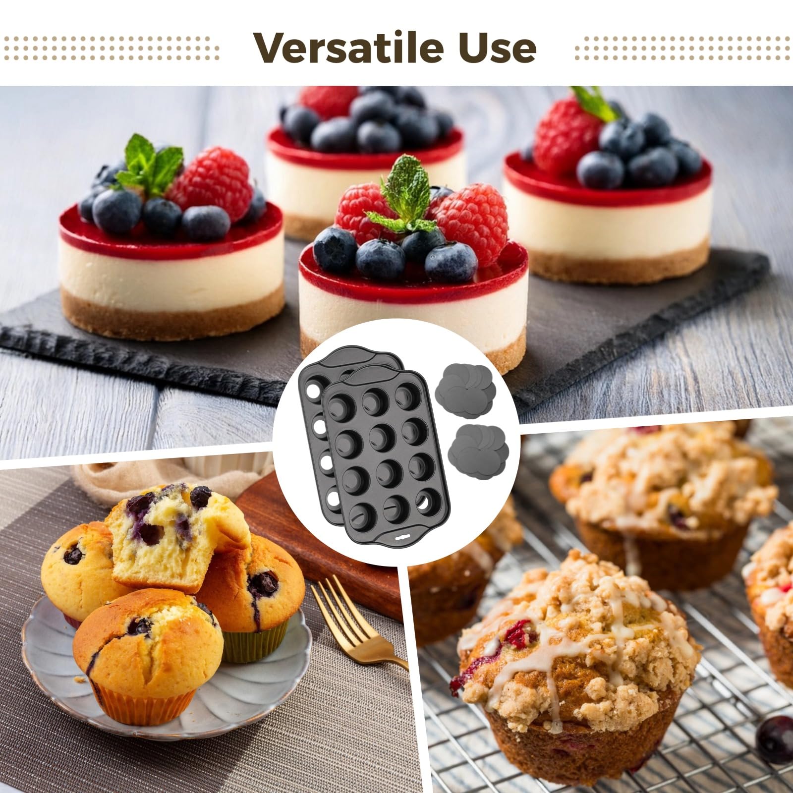 Lot de 2 mini moules à muffins, 12 cavités, en acier au carbone, plaque de cuisson pour cupcakes avec fonds amovibles, revêtement antiadhésif, pour mini cheesecakes, quiches et pain de maïs