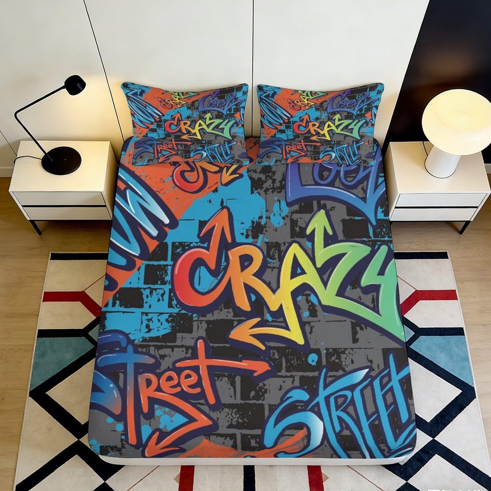 3D Printed Graffiti Street Fitted Sheet Microfiber Colourful Urban Mattress Cover for Bedroom Dorm Youth Decor 90x200x25cm