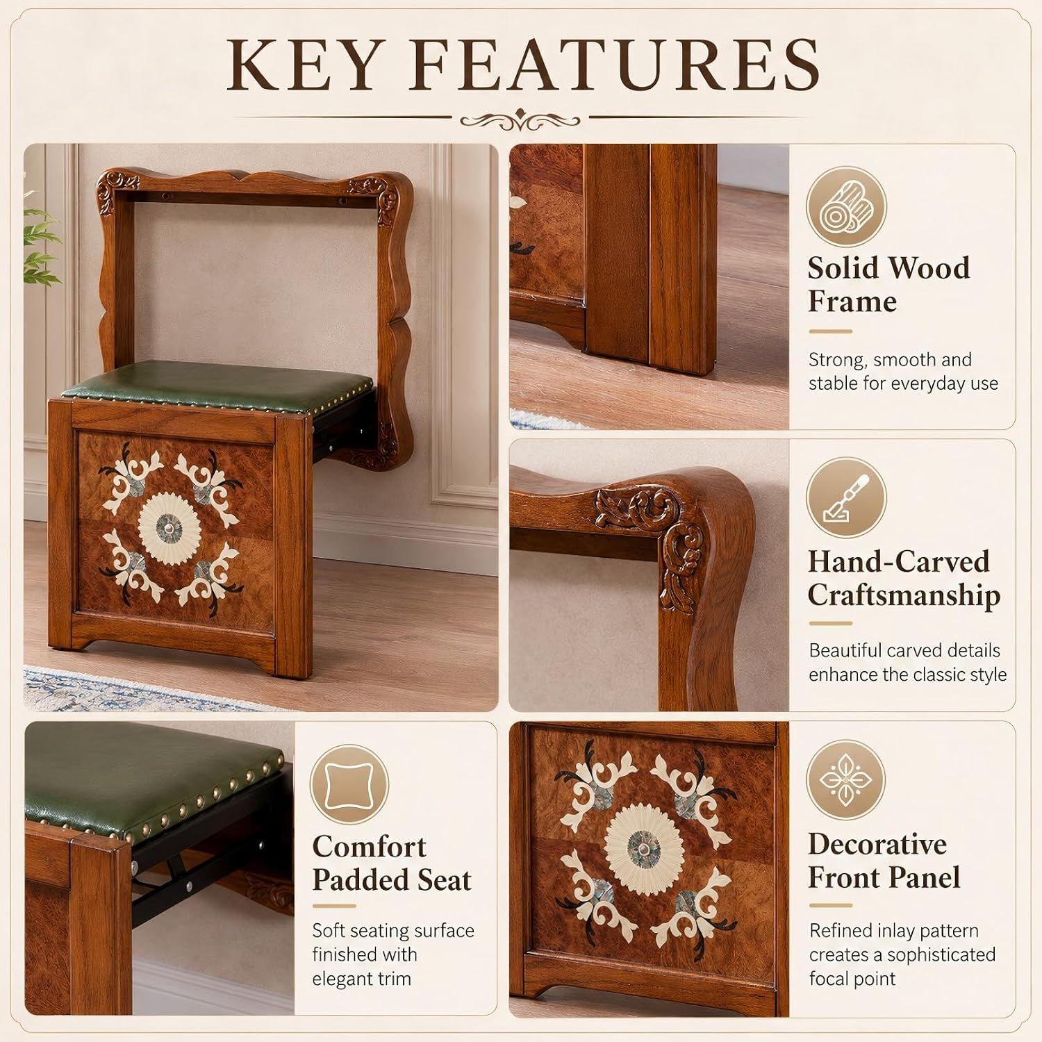 Wall Mounted Folding Seat Hidden Shoe Changing Stool, Hand-Carved Oak Foldaway Chair with Leather Cushion, Space Saving Entryway Bench for Hallway Mudroom(Light Oak)