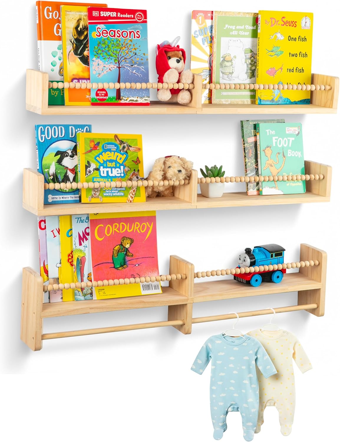 Floating Book Shelves for Nursery – Nursery Shelves for Wall with Hanging Rod – Set of 3 Wooden Wall-Mounted Shelves, Rounded Edges, Bookshelf for Kids Room Decor, 31.5" x 3.9" x 3.7