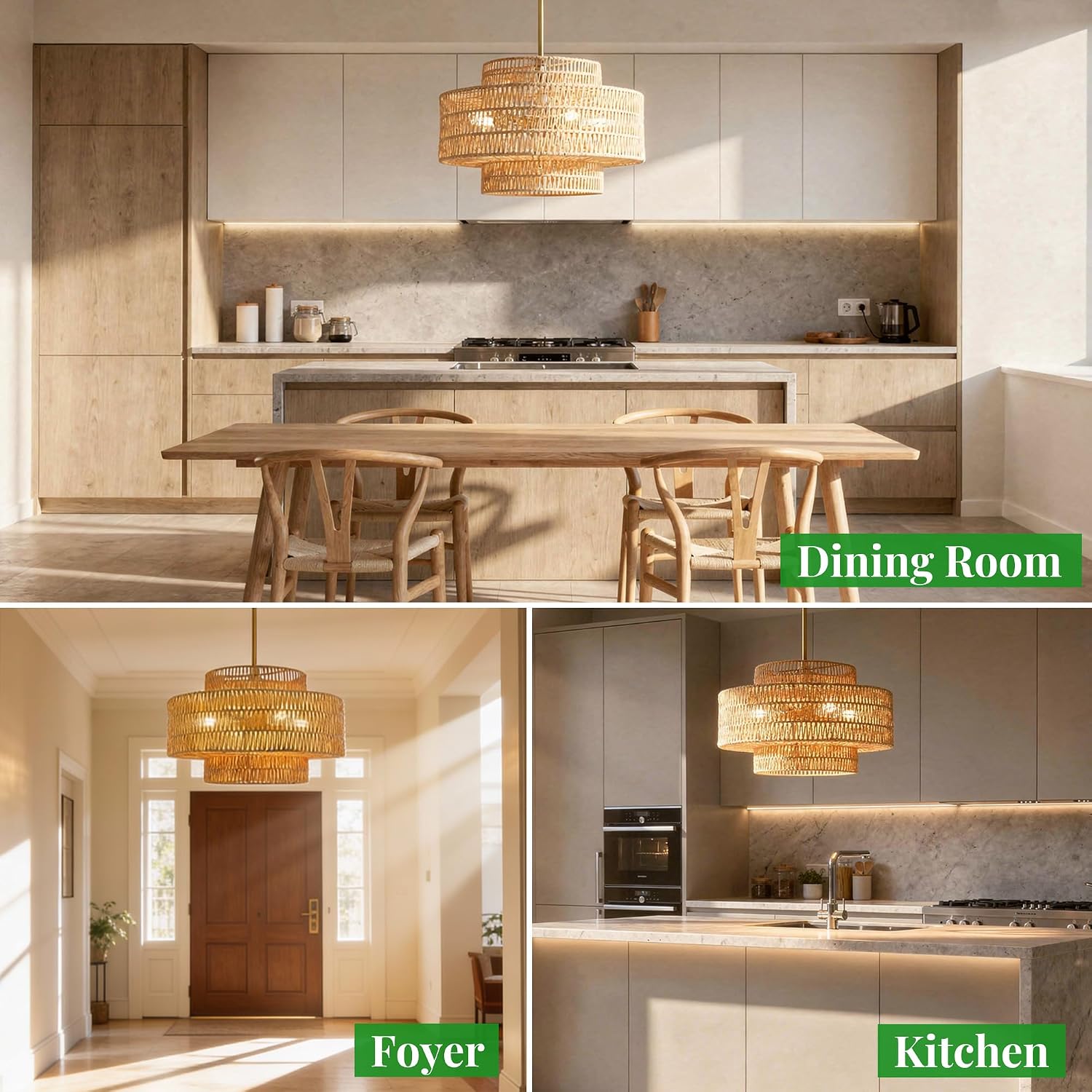 20” Large Boho Rattan Chandelier, 4-Light Hand Woven Pendant Light Fixture, Upgraded Farmhouse Hanging Ceiling Light for Dining Room, Kitchen Island, Living Room, Bedroom, Entryway, Foyer