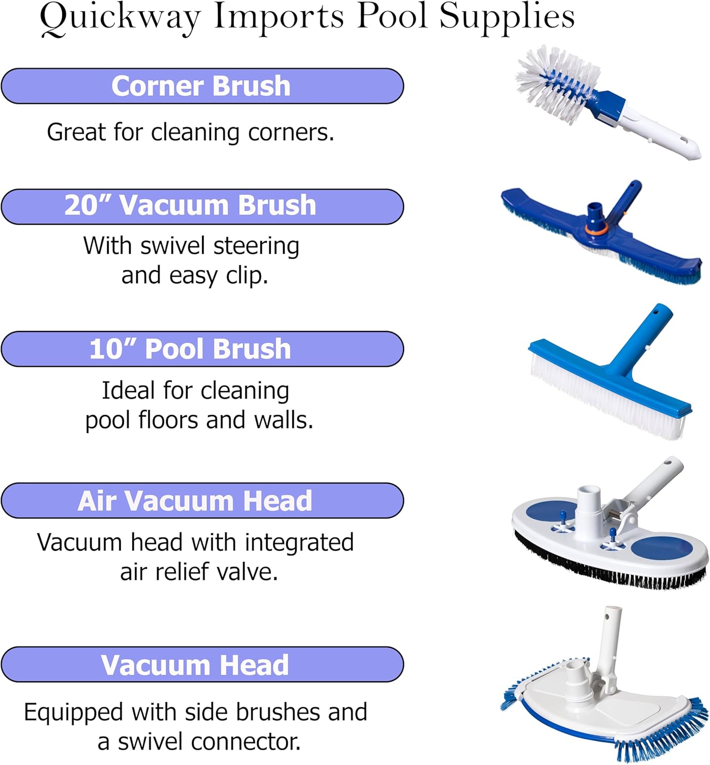 Quickway Imports Weighted Manual Swimming Pool Vacuum Head with Swivel Hose Connector Flexible Side Brush Cleaner Tool Safe for Vinyl Liner Perfect for Inground and Above Ground Pool Maintenance Use