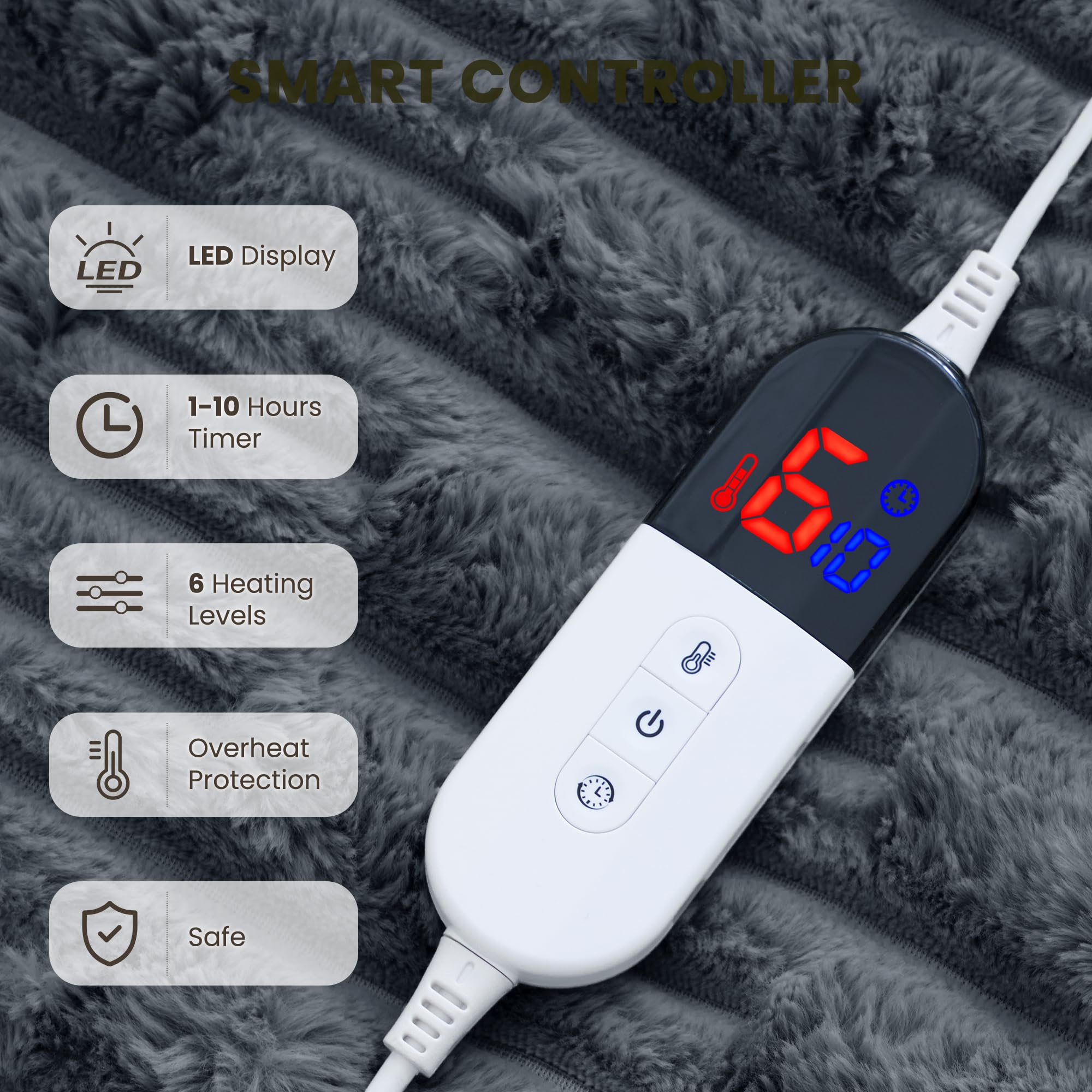 Coperta Elettrica Riscaldante 130x180cm, Tessuto Bambù Peluche Coniglio e Flanella, 6 Livelli di Riscaldamento, Spegnimento Automatico 1-10H, Coperta Termica Lavabile per Letto Divano Ufficio (Grigio)