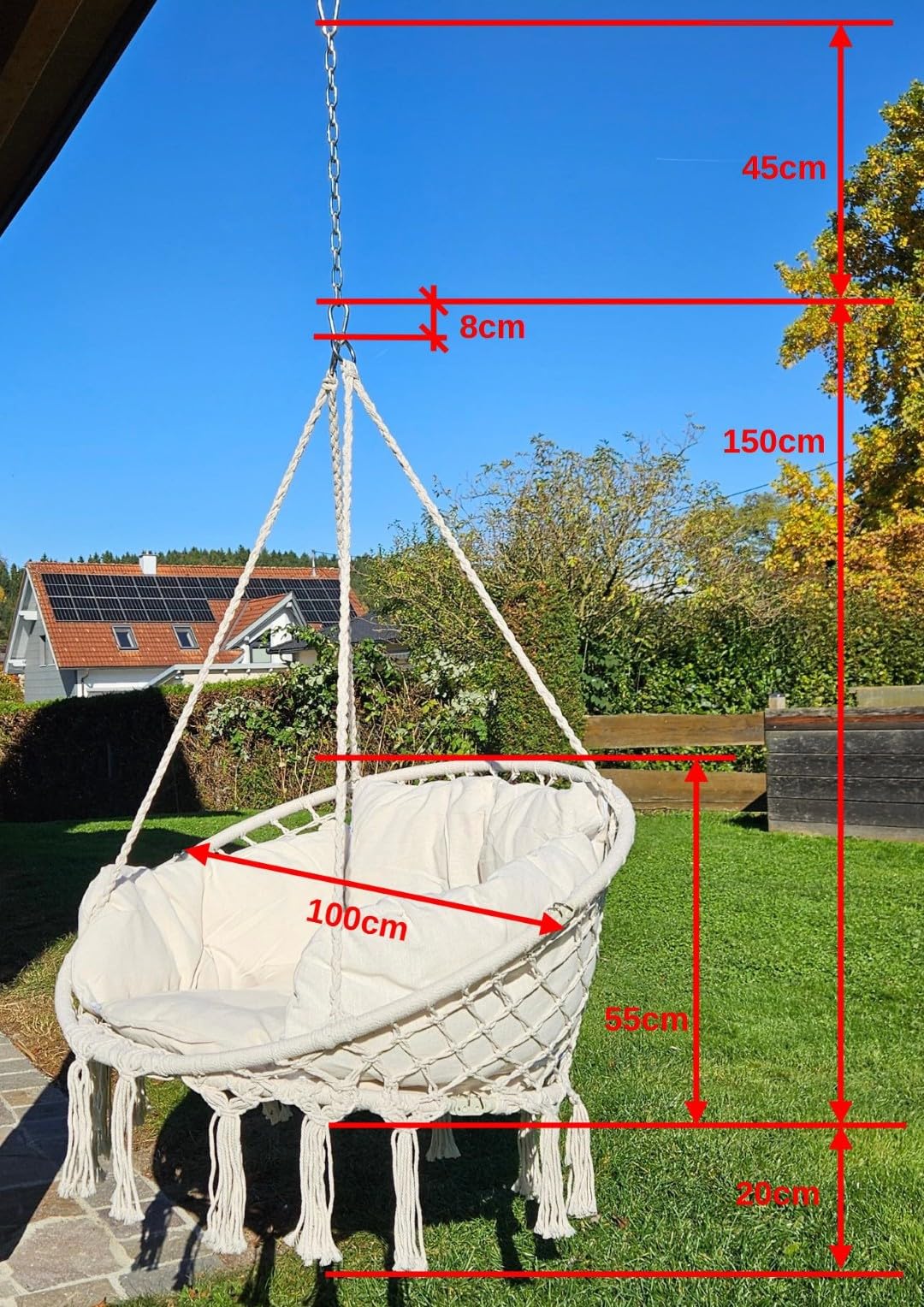 ALEOS. Hängesessel Catalina klappbar 100cm Durchmesser - Hängesessel rund - Stoffsessel mit gemütlichem Kissen - Hängekorb zum Aufhängen - inkl. 2 Karabiner + Kette im Makramee Boho Style
