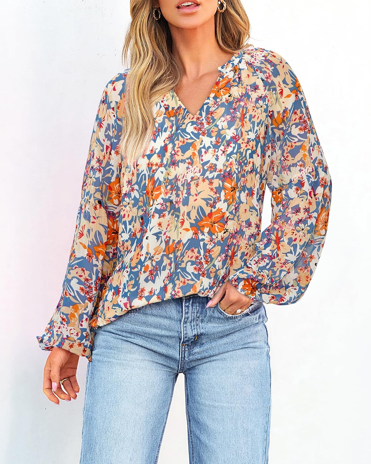 BTFBM Blouses for Women Dressy Casual Floral Summer Boho Tops V Neck Lightweight Long Sleeve Shirts Spring Clothes 2026 - Image 3