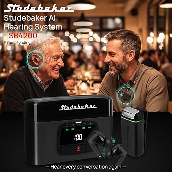 Studebaker AI Hearing System - 2 Clip-On Mics, 2 Earbuds, AI Processor, TV Base, 7-Step Volume Control & Rechargeable Device