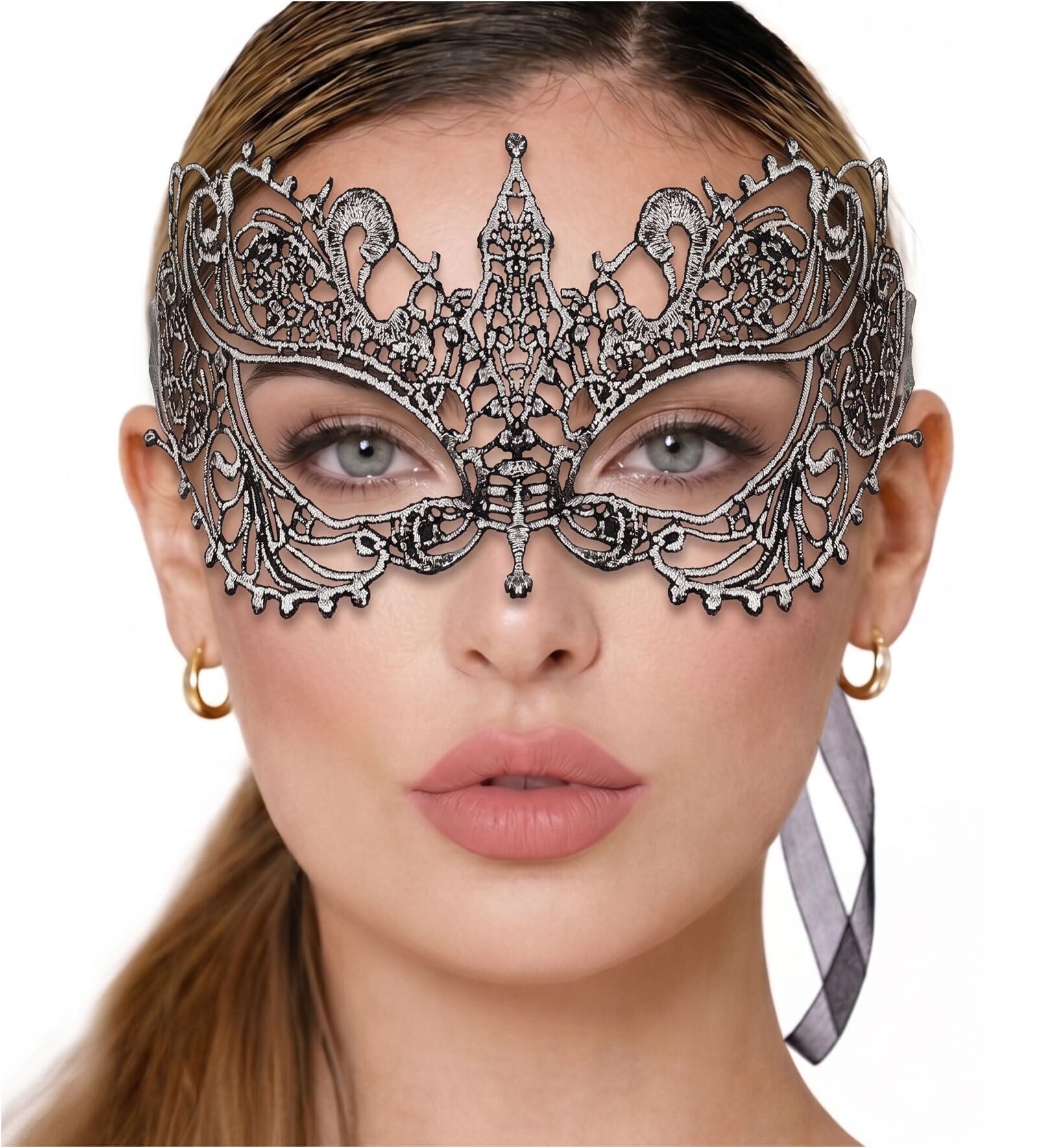 Luxury Mask Silver Masquerade Mask For Women - Lace Masquerade Masks for Masquerade Party, Proms, Photo Shoot, Venetian Party, Mardi Gras, Halloween & Cosplay - Silver Chrome, One — image 1