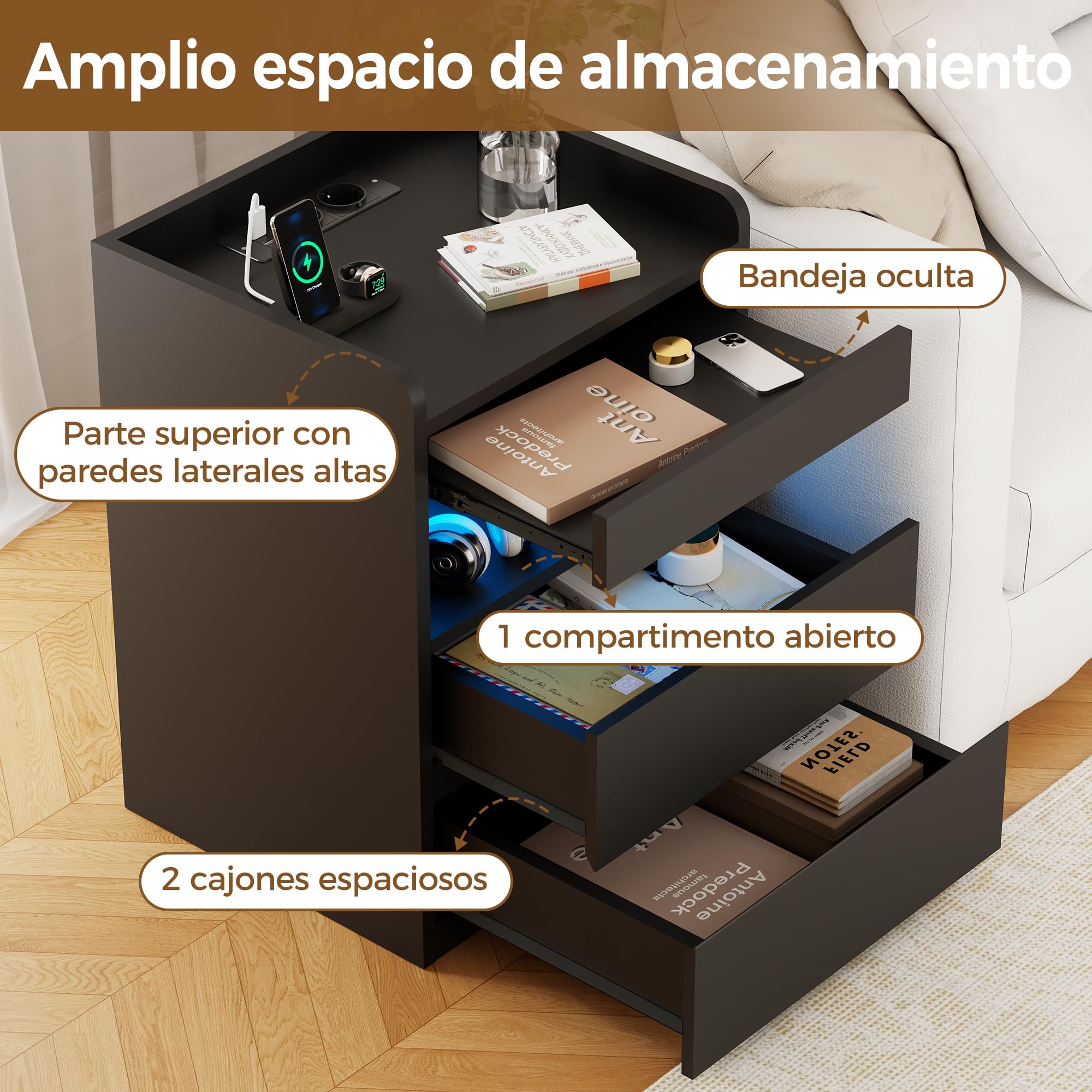 BEWISHOME Juego de 2 Mesitas de Noche,con Compartimento Oculto,con Luces LED y Estación de Carga Mesas Auxiliares（2 Tomas AC 2 Puertos USB）,para Salón,Dormitorio (Negro) EFCG02B