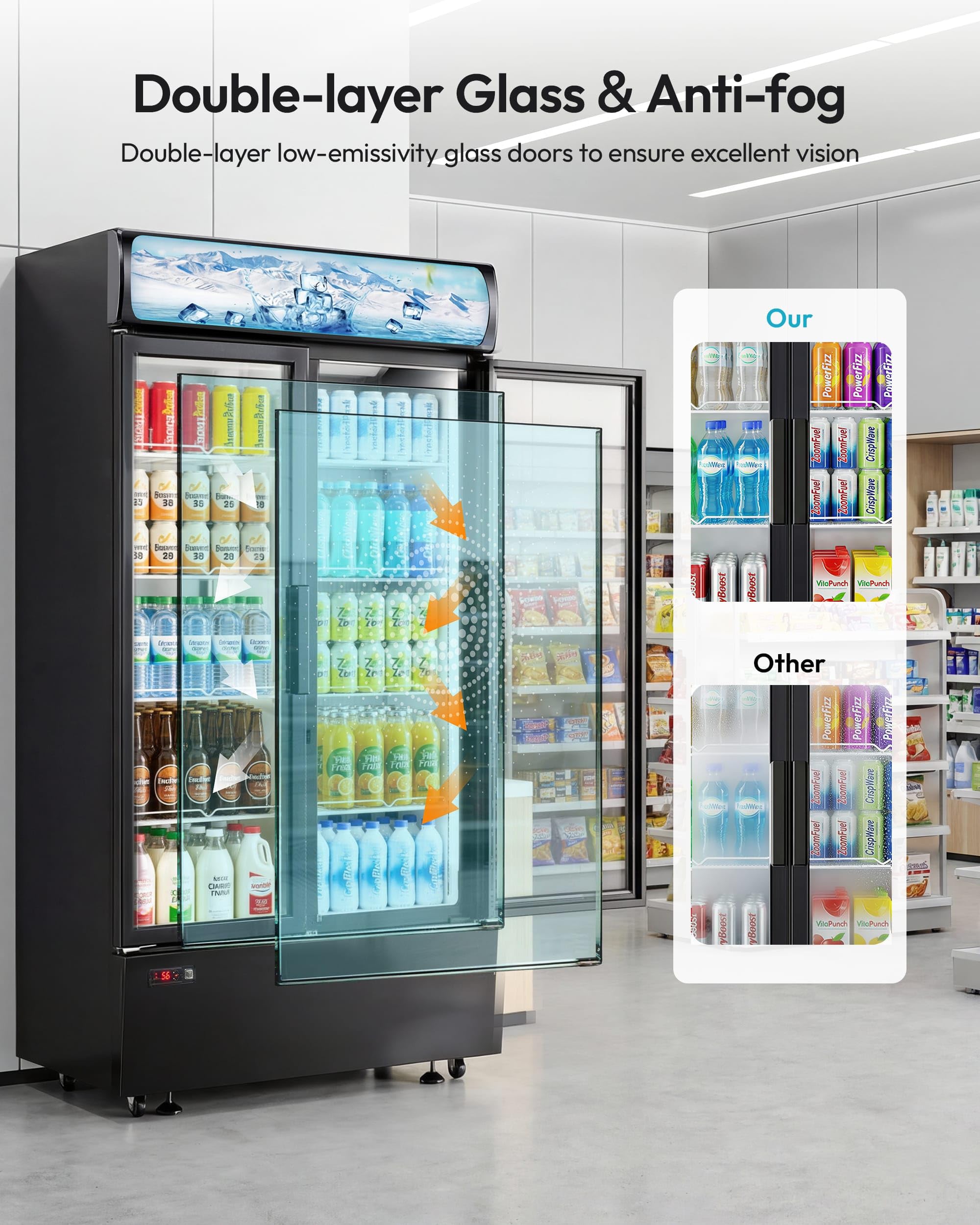 Icevival 25 Cu.Ft Commercial Refrigerator, Beverage Cooler With Built-In LED Light, Drink Display Fridge With Adjustable Shelves, 2 Glass Doors, Temperature Control, Etl Certified, 32-50°F on Fridge.com - View 5