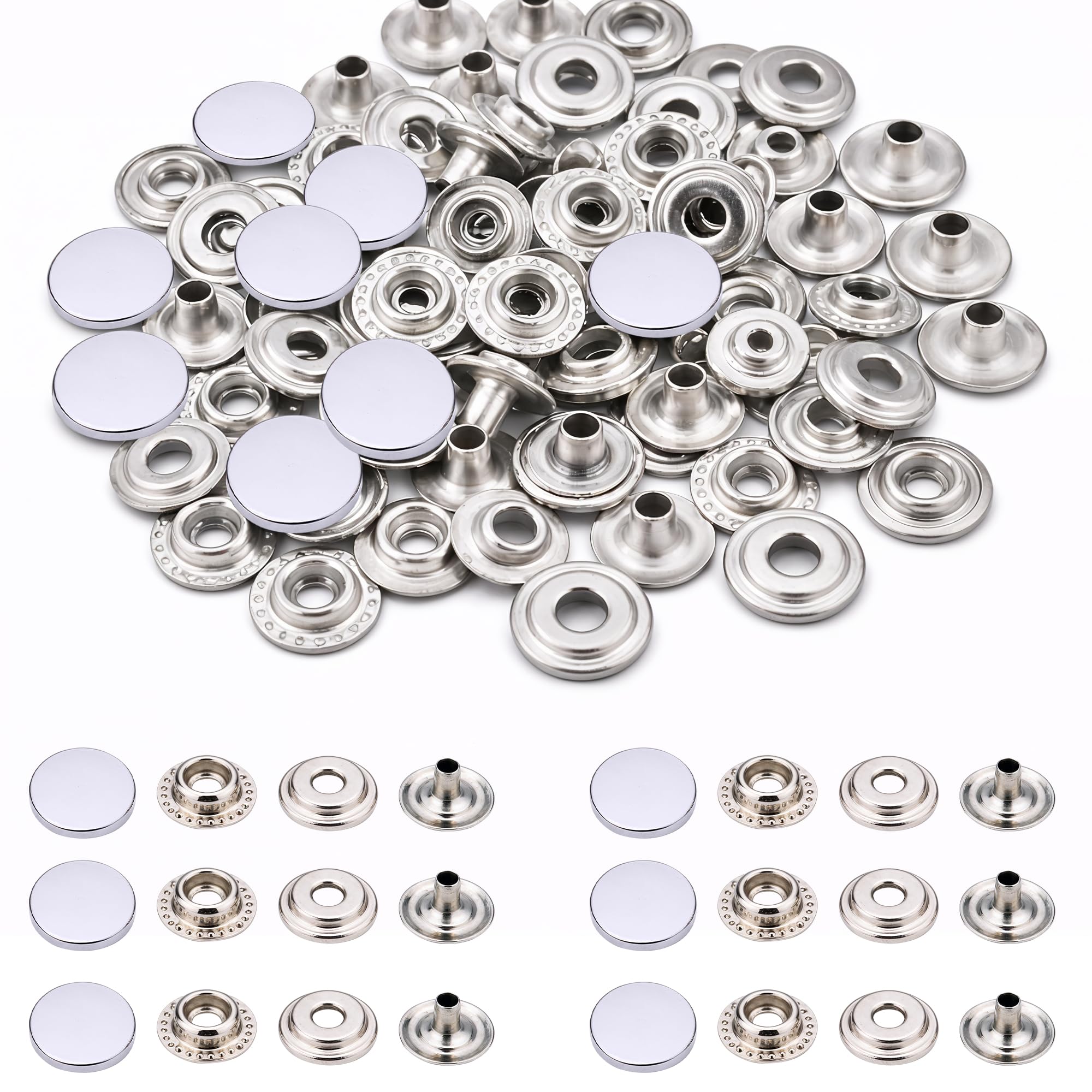 Trimming Shop Press Studs 4 Part Snap Fasteners – Alloy Cap Metal Snap Buttons for Leathercraft, Clothing Repair, Jackets, Bags & DIY Sewing Projects (12.5mm, Pearl Silver, 10pcs)