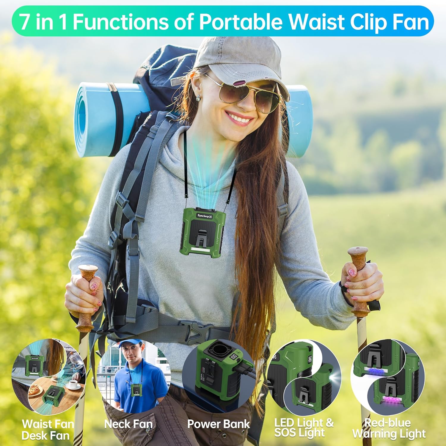 Latest 2025 Model Waist Fan - Portable Belt Clip Fan with 6 Speeds, 10000mAh, 35H Runtime, LED SOS & Red-blue Lights, 18500RPM Airflow, 59ft/s Strong Wind Cooling for Garden, Jobsite, and Hot Summer