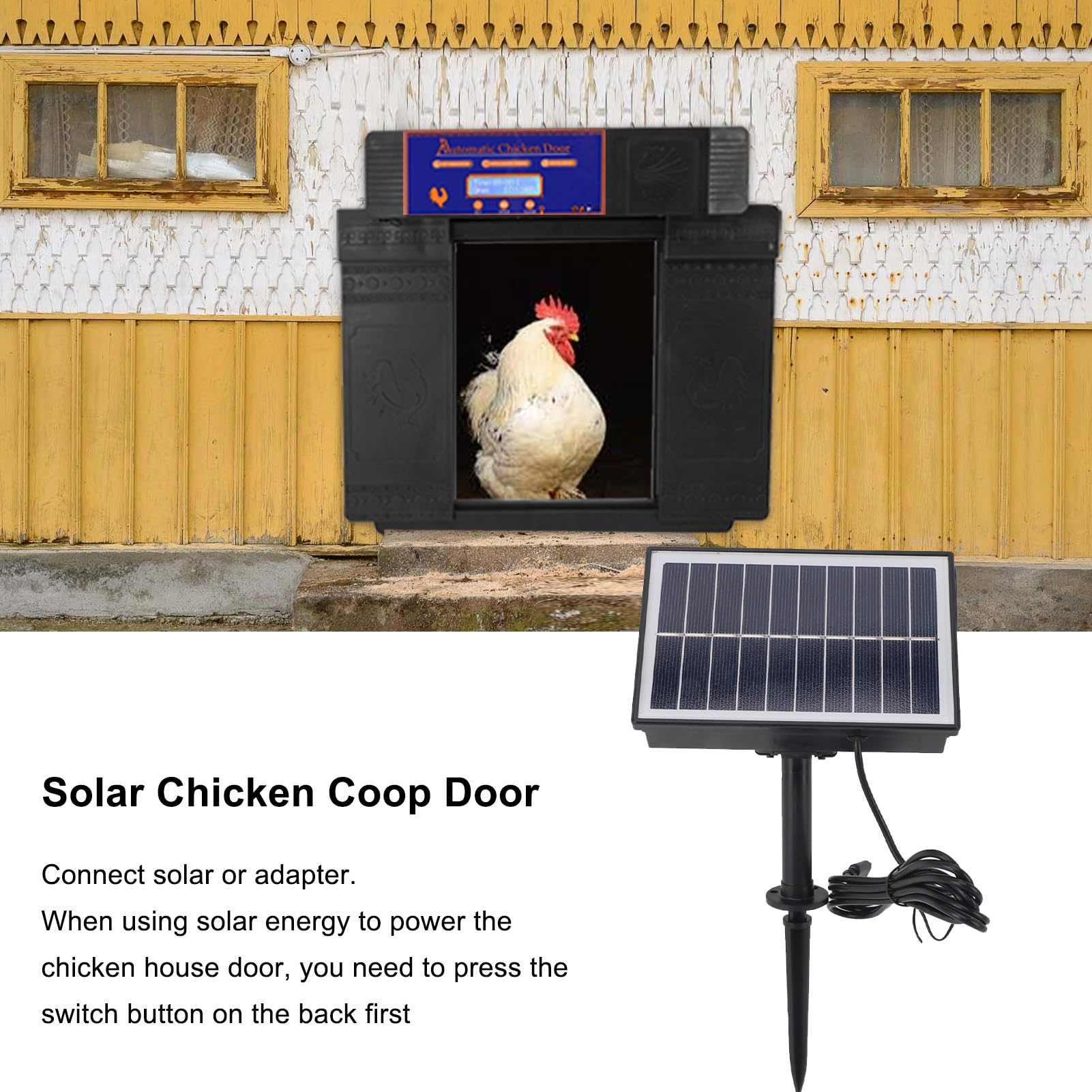 Apriporta Automatico Per Pollaio,Porta Automatica Per Pollai Alimentata A Batteria Solare,Design Anti-Pizzicamento A Doppie Porte Apriporta Elettrico Per Pollaio Con Controllo (Black)