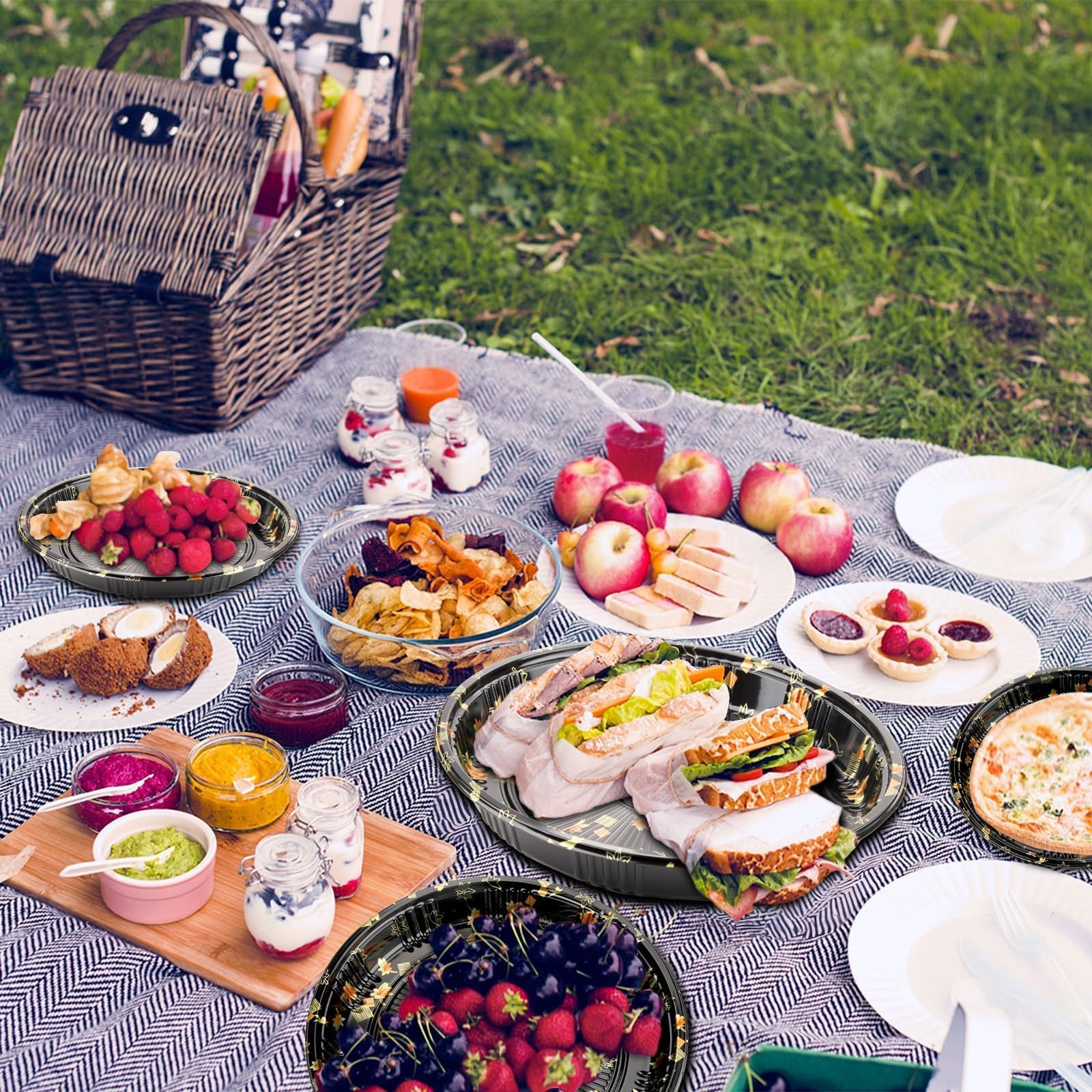 Mbsomnus 8 plateaux à sandwich avec couvercles, plateaux ronds de restauration avec couvercles, plateaux de buffet, assiettes réutilisables pour servir des aliments, des collations, des gâteaux, des