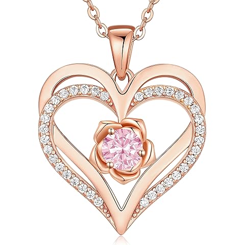 CDE Christmas Gifts for Women S925 Silver Rose Gold Heart Birthstone Necklaces for Women,Ideal Anniversary or Birthday Jewelry Gifts for Wife Girlfriend Her