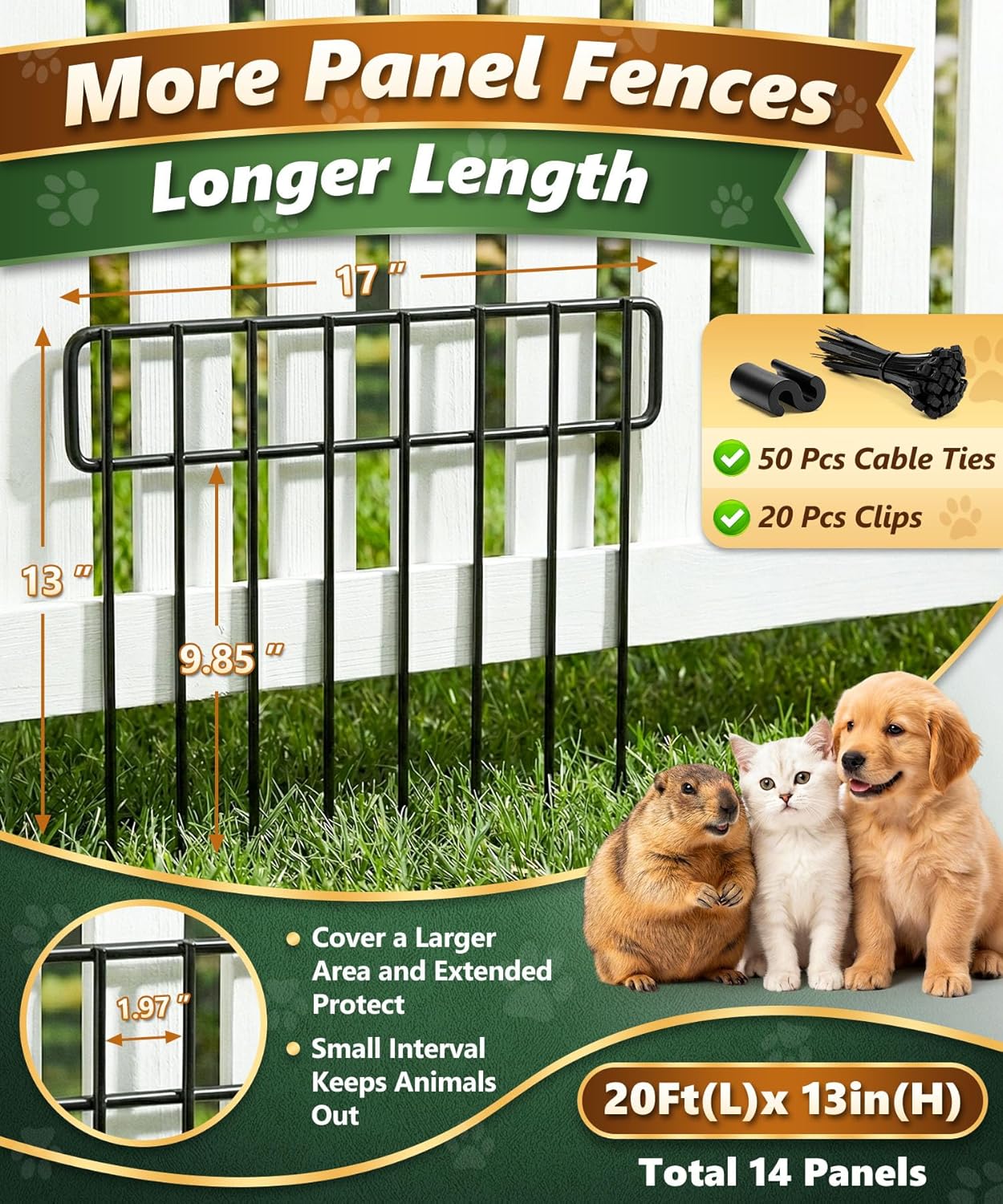 14 Panels 20Ft(L) X 13Inch(H) Garden Fence Animal Barrier - 14 Pack No Dig Fence Animal Barrier Fence Panel Metal Fencing Edging Border for Dog Rabbits and Outdoor Patio Yard Decorative Bottom Blocker