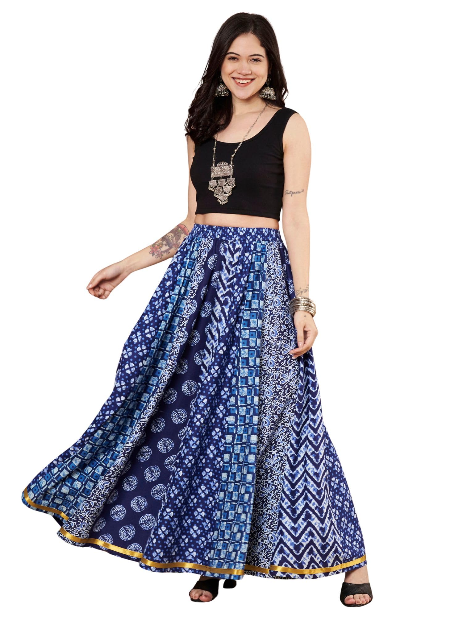 Women's Pure Cotton Flared Maxi Skirt | Blue Indigo Ethnic-Inspired Mixed Print | Printed Skirt for Women| Long Skirt for Women | Stylish Morden and Comfortable Looking-picture-39