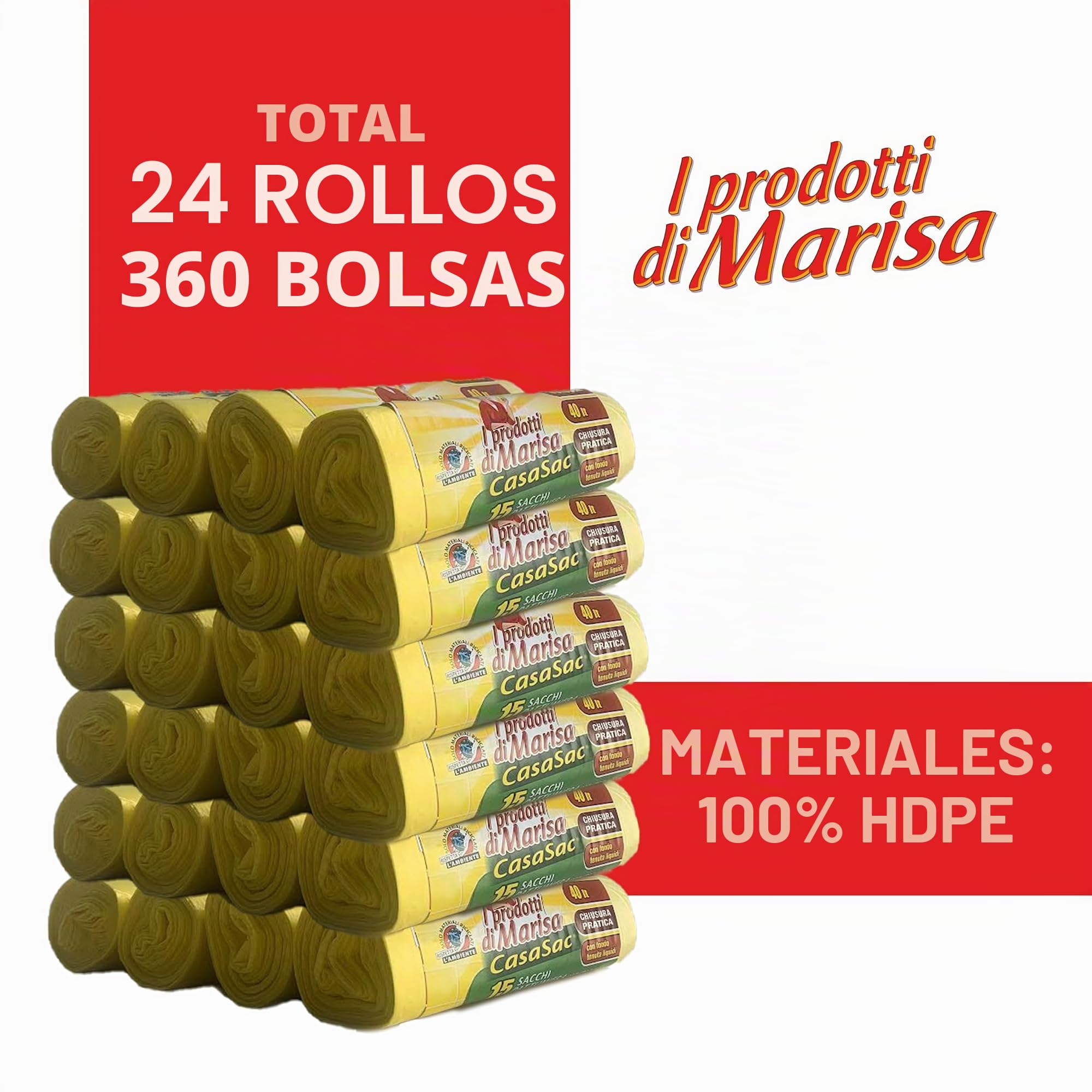 CSC - Bolsas de basura de 40 l con asa, 360 unidades, 55 x 65 cm, para cubos de basura de cocina, bolsas de basura para recogida separada, resistentes a desgarros y a prueba de líquidos, 24 rollos