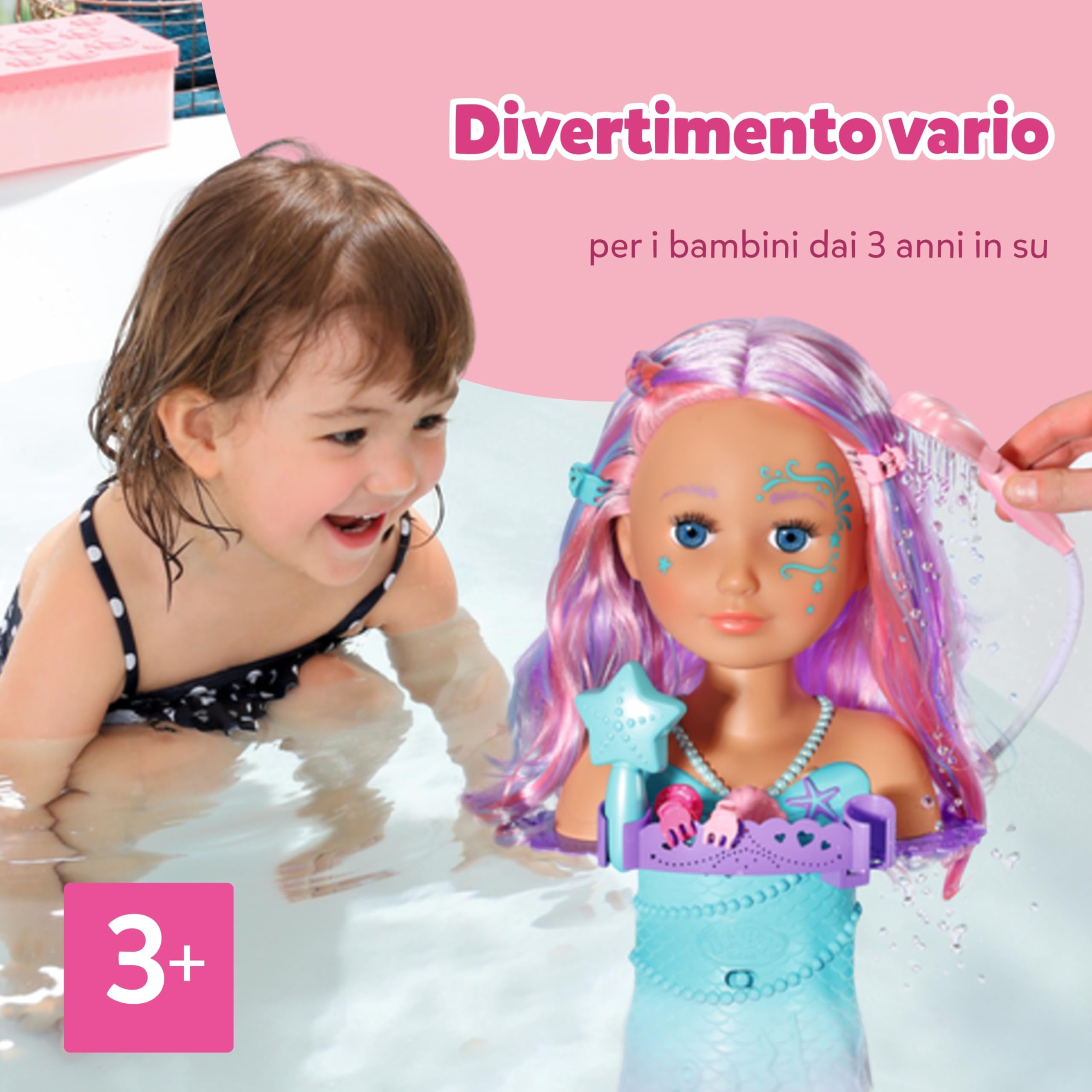 BABY born Testa stilizzata Sirena - Testa da trucco e acconciare per bambine dai 3 anni in su - Girevole e adatta per il bagnetto - Con funzione acqua, spazzola, diadema e accessori