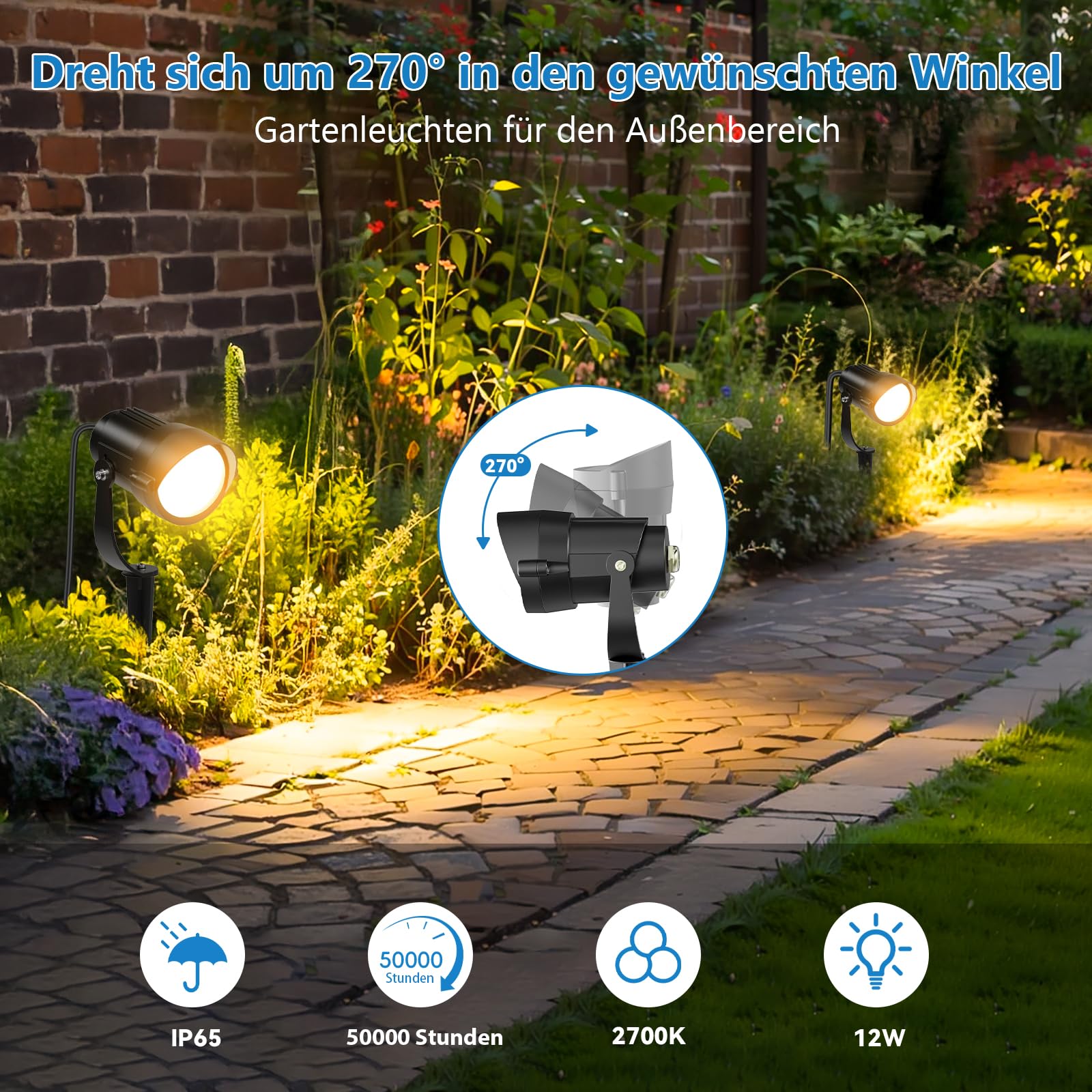 HIBOITEC 12W Gartenbeleuchtung mit 1,5 m Kabel Stecker, 2700K Warmweiß Gartenstrahler mit Strom Wasserdichte Led Außenbeleuchtung Garten, 1320 lm Gartenstrahler für Draußen Haus Hof Terrasse Gehweg
