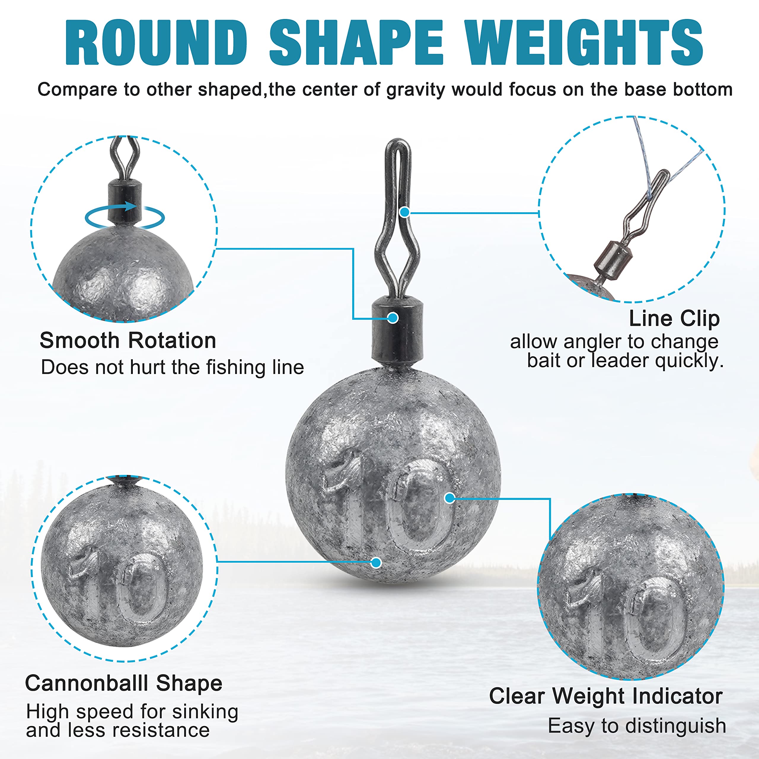 Drop Shot Weights Kit Round Cannonball Fishing Sinkers Weights Bass Casting Fishing Weights Swivel Drop Shot Sinker Rig Tackle for Bass Fishing Freshwater Saltwater