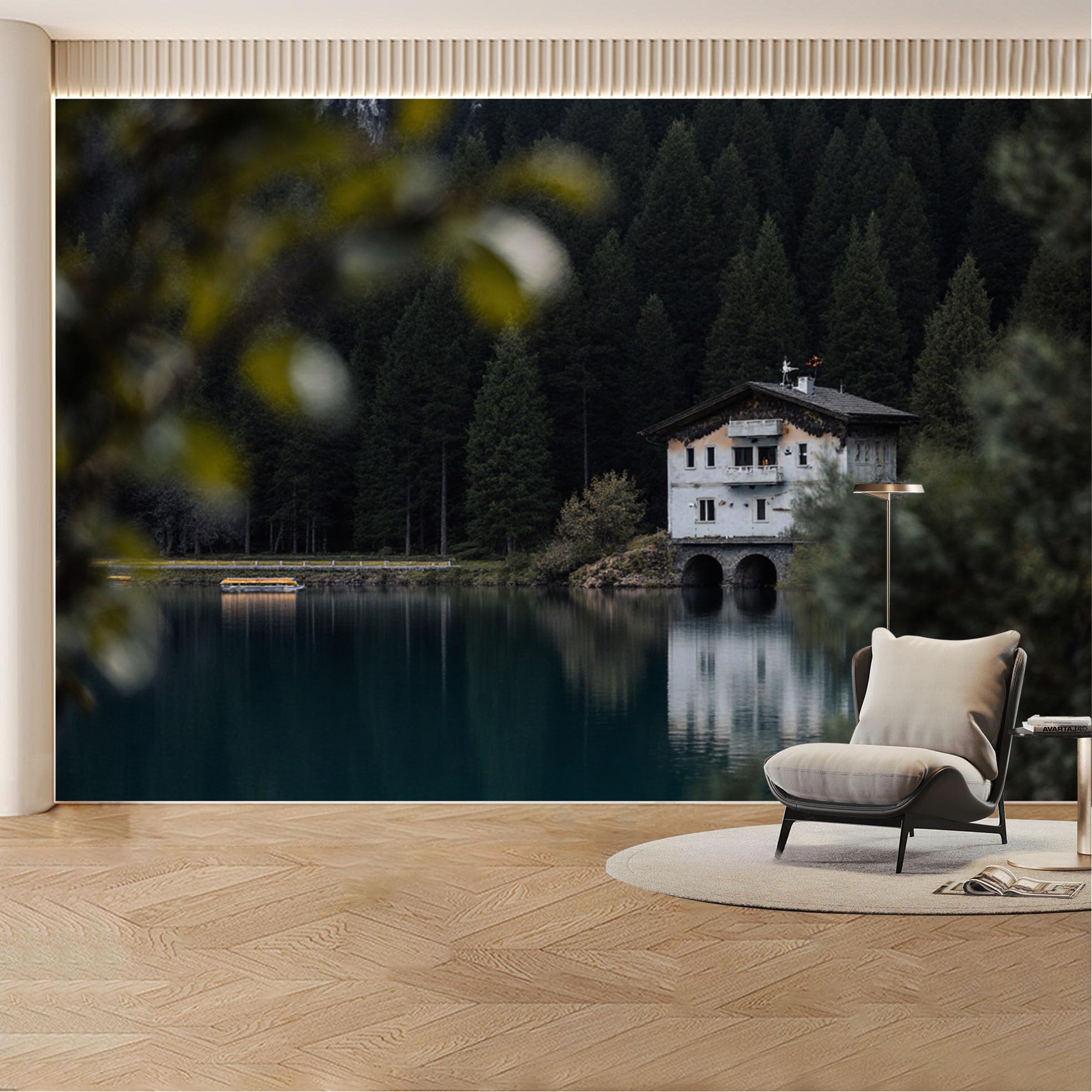 Custom Wall Mural Wallpaper Forest Cabin Lake Landscape， Nature， Large Wall Art， 3D Effect， Modern， Nordic， Misty Removable SelfAdhesive Large Photo for Living Room， Bedroom， Office