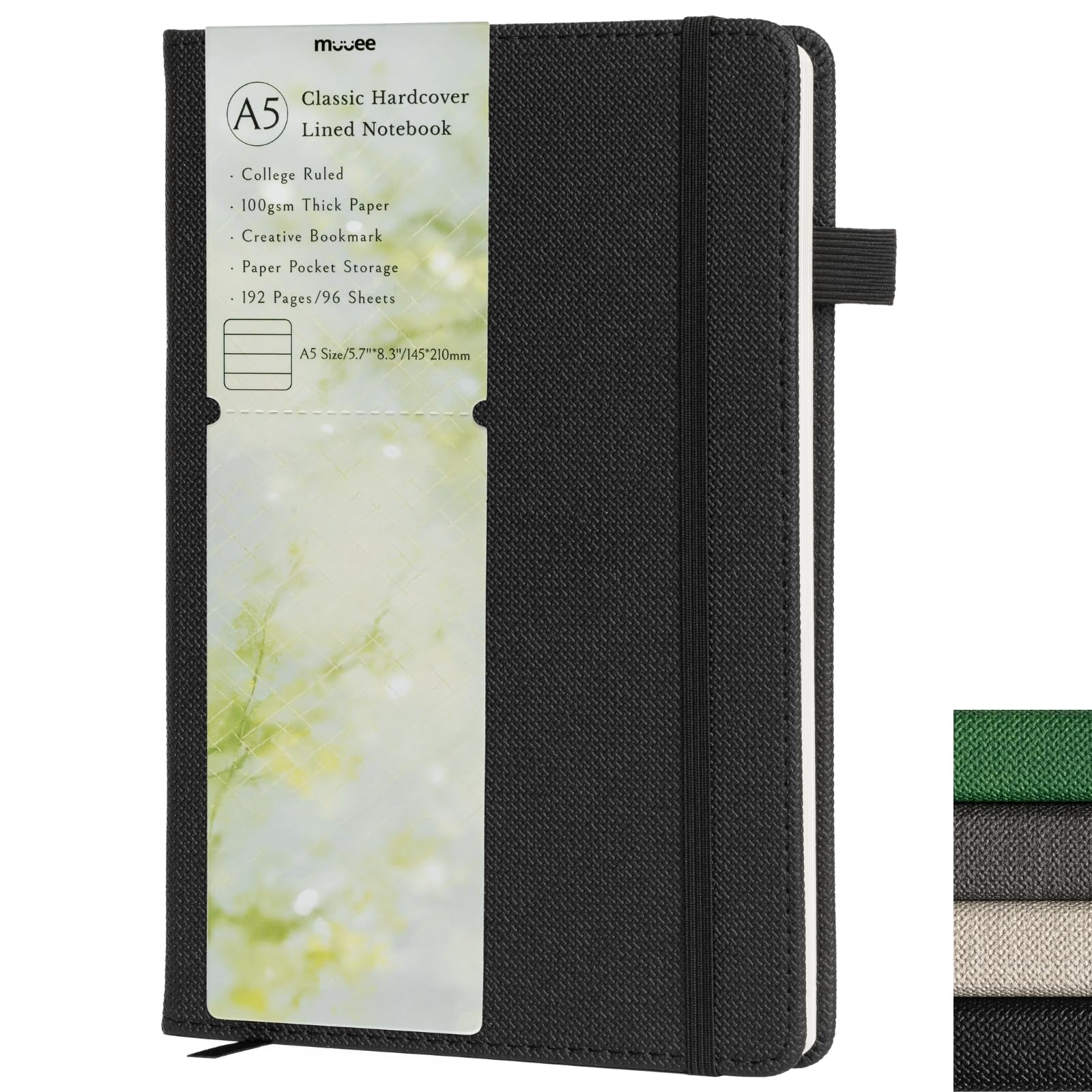 muuee A5 Lined Journal Notebook, 192 Thick Pages, 100GSM Paper, College Ruled Faux Leather Hardcover Notebook for Work School Office, Daily Journal For Women Men 5.7"×8.3" (Black)