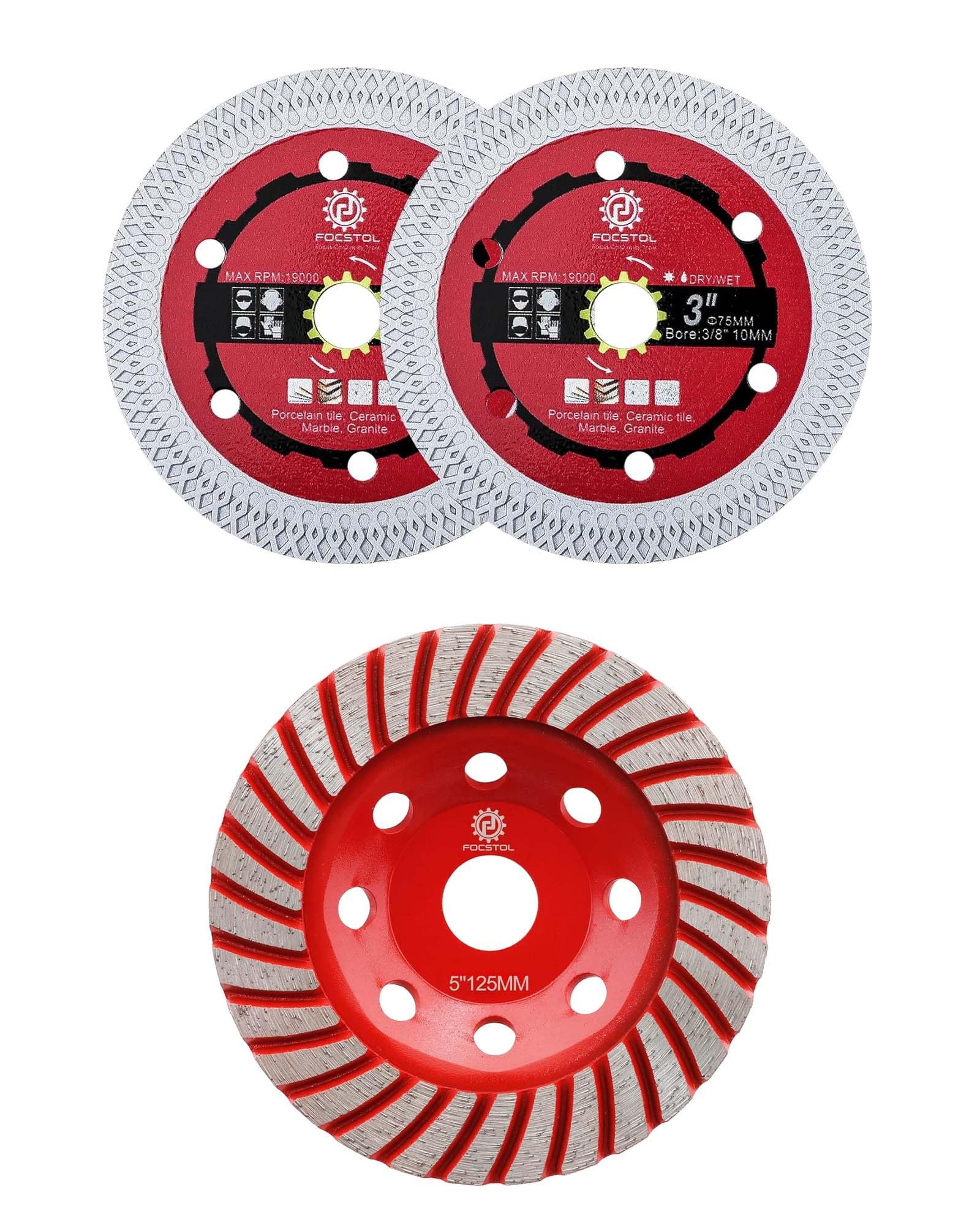 FOCSTOL Meule Diamantée 125mm x 22,23mm Turbo Rangée Disque Diamant et Disque Diamant Carrelage 2 pièces 75mm x 10mm Lame Scie Diamant