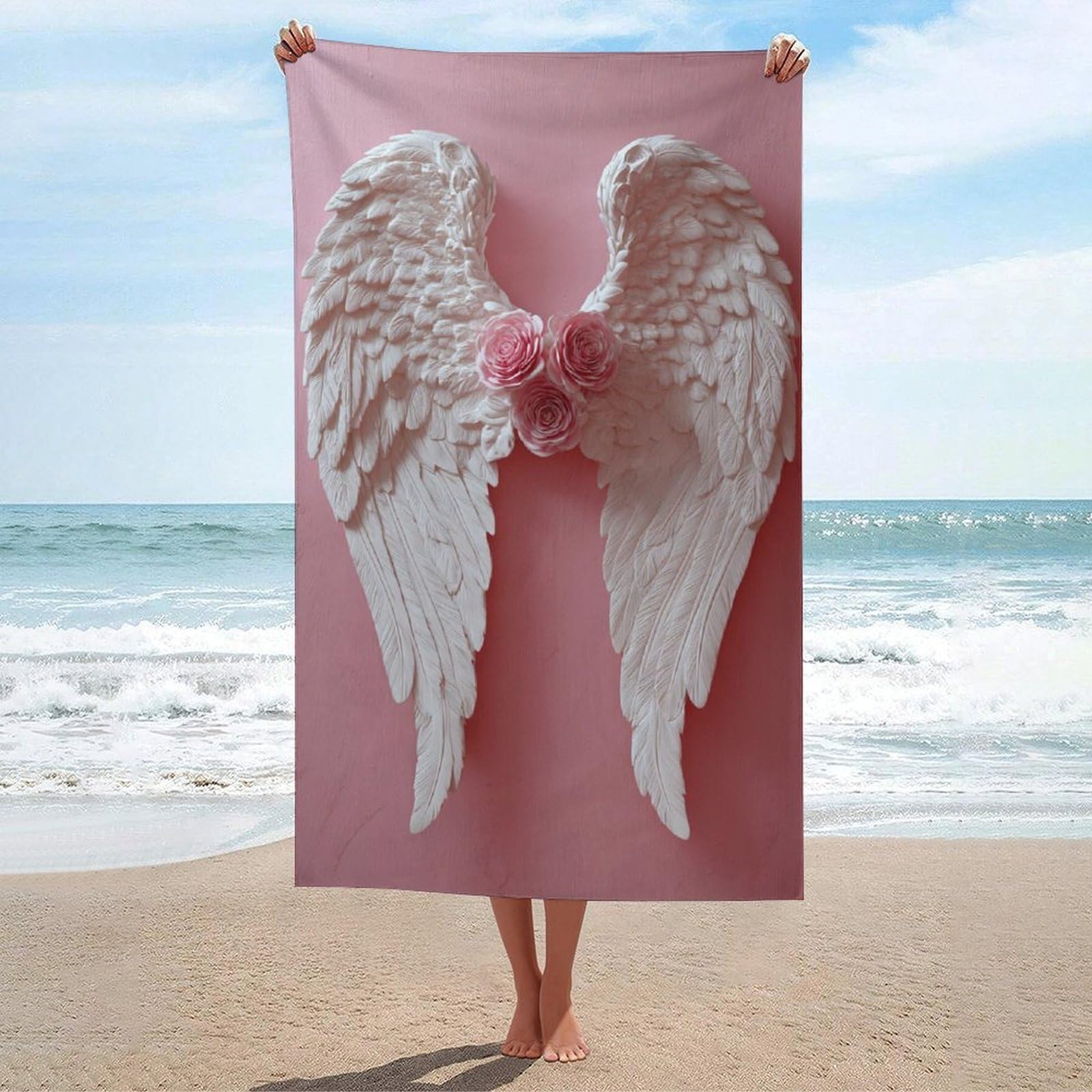 asbwuo White Angel Wings with Three Pink Roses Beach Towel