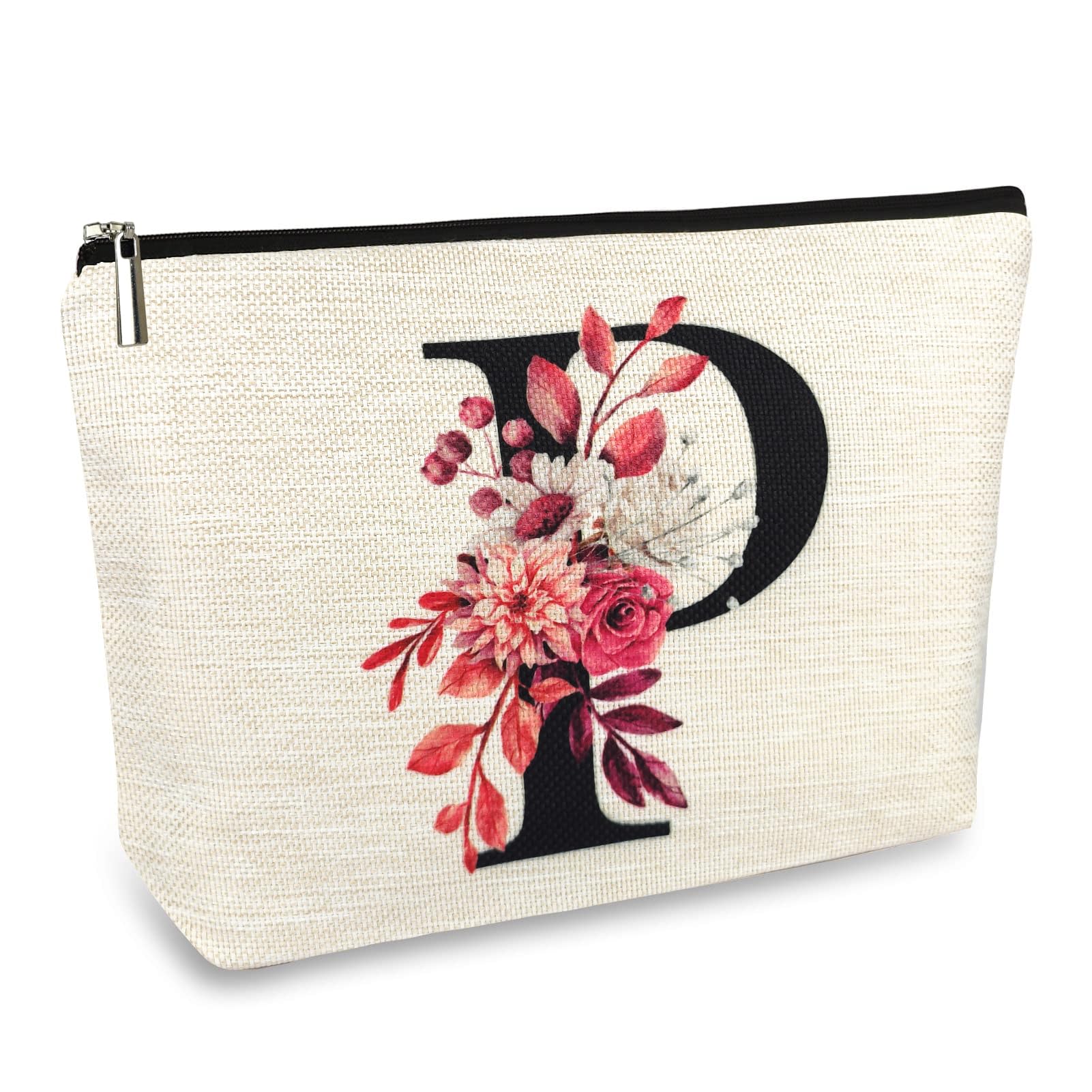 Initial A-Z Personalized Floral Makeup Bag, Monogrammed Birthday Gifts for Women Mom, Mothers Day Christmas Gift Ideas for Best Friend, Bride