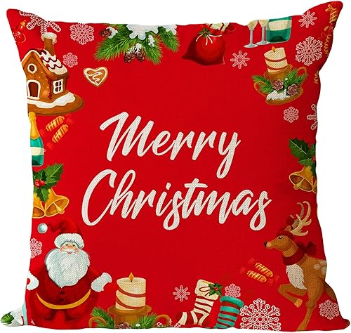 Miniatura 8 de Juego de 4 fundas de almohada de Navidad de 18 x 18 pulgadas, fundas de almohada con diseño de árbol de Navidad, fundas de almohada de Navidad rojo