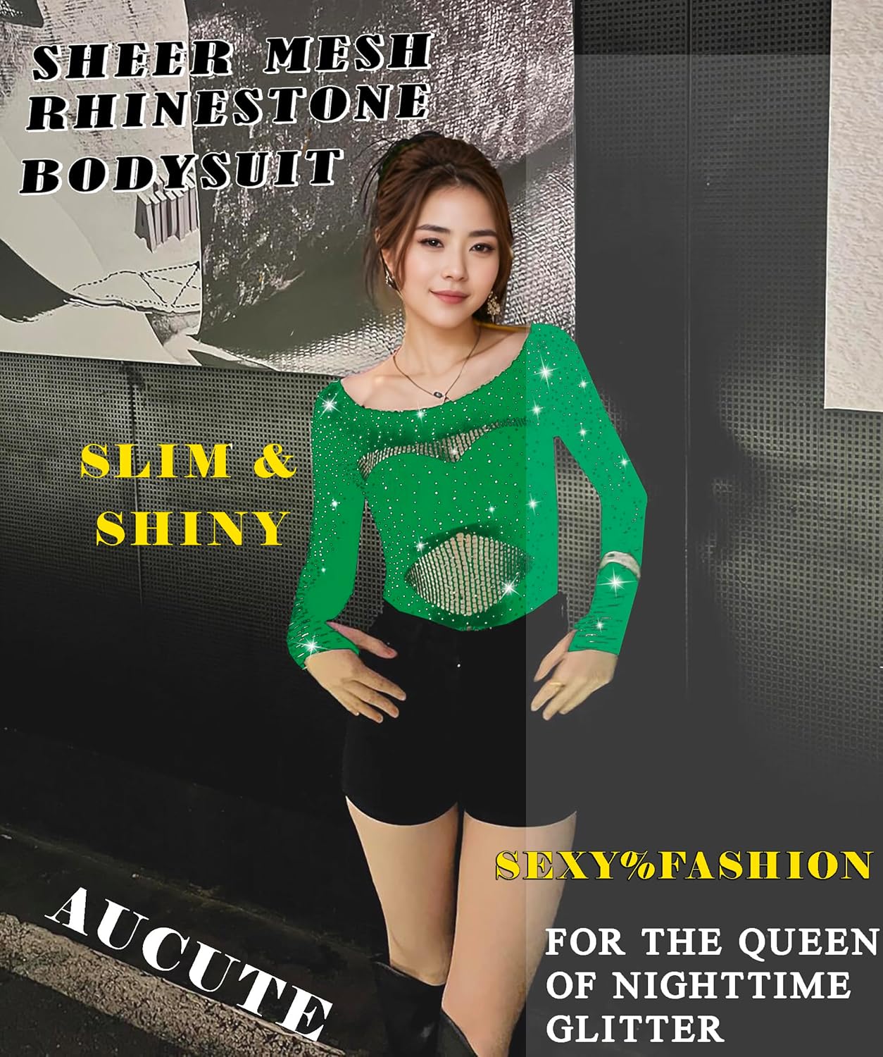 Sparkly Rave Outfits for Women, Sexy Hollow See Through Mesh Fishnet Long Sleeve Rhinestone Bodysuit Tops - Image 2