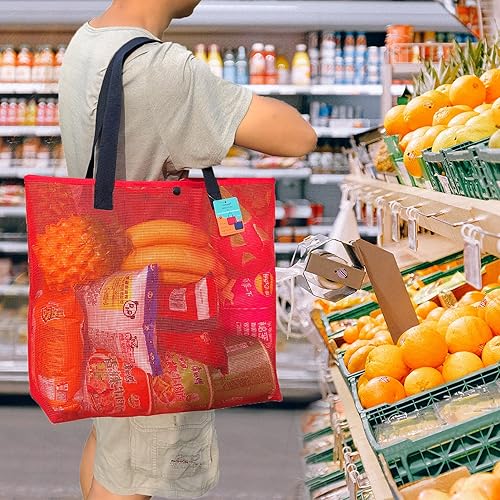 Vista 4 de Paquete de 2 bolsas grandes y ligeras de malla simple con botón a presión, reutilizable, bolsa de piscina para viajes al aire libre, compras