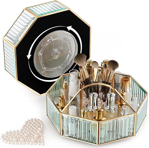 360° Rotating Makeup Organizer Spinning Vanity Organizer with Makeup Brush Holder for Countertop, Bathroom Storage, Skincare, Perfume & Cosmetic