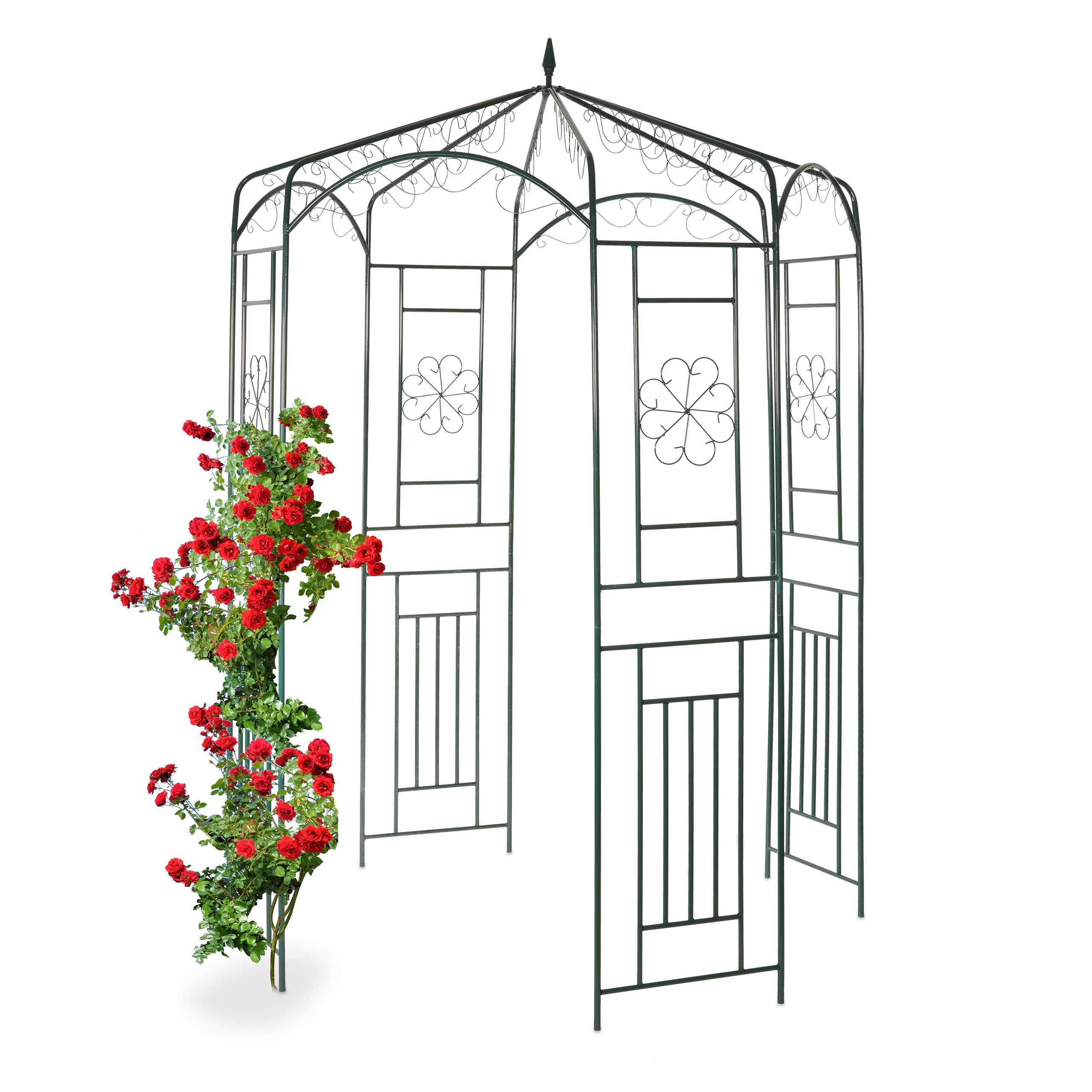 Relaxdays Rosenpavillon Metall, Rankhilfe für Kletterpflanzen, Garten, dekorativer Rankpavillon, HBT 250x160x160cm, grün, Dunkelgrün